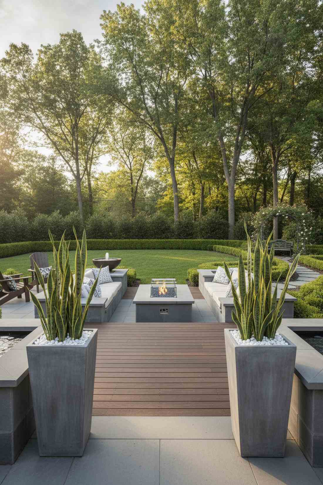paired pillars flanking seating areas