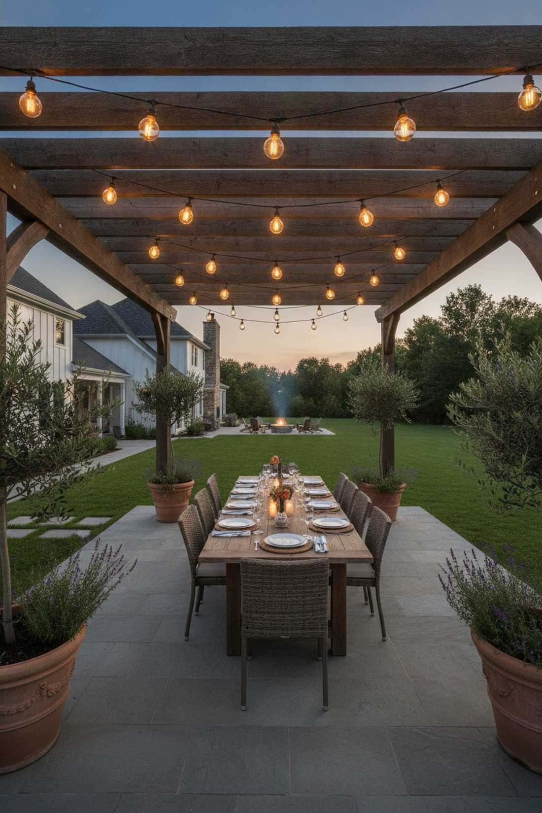 pergola draped string lighting