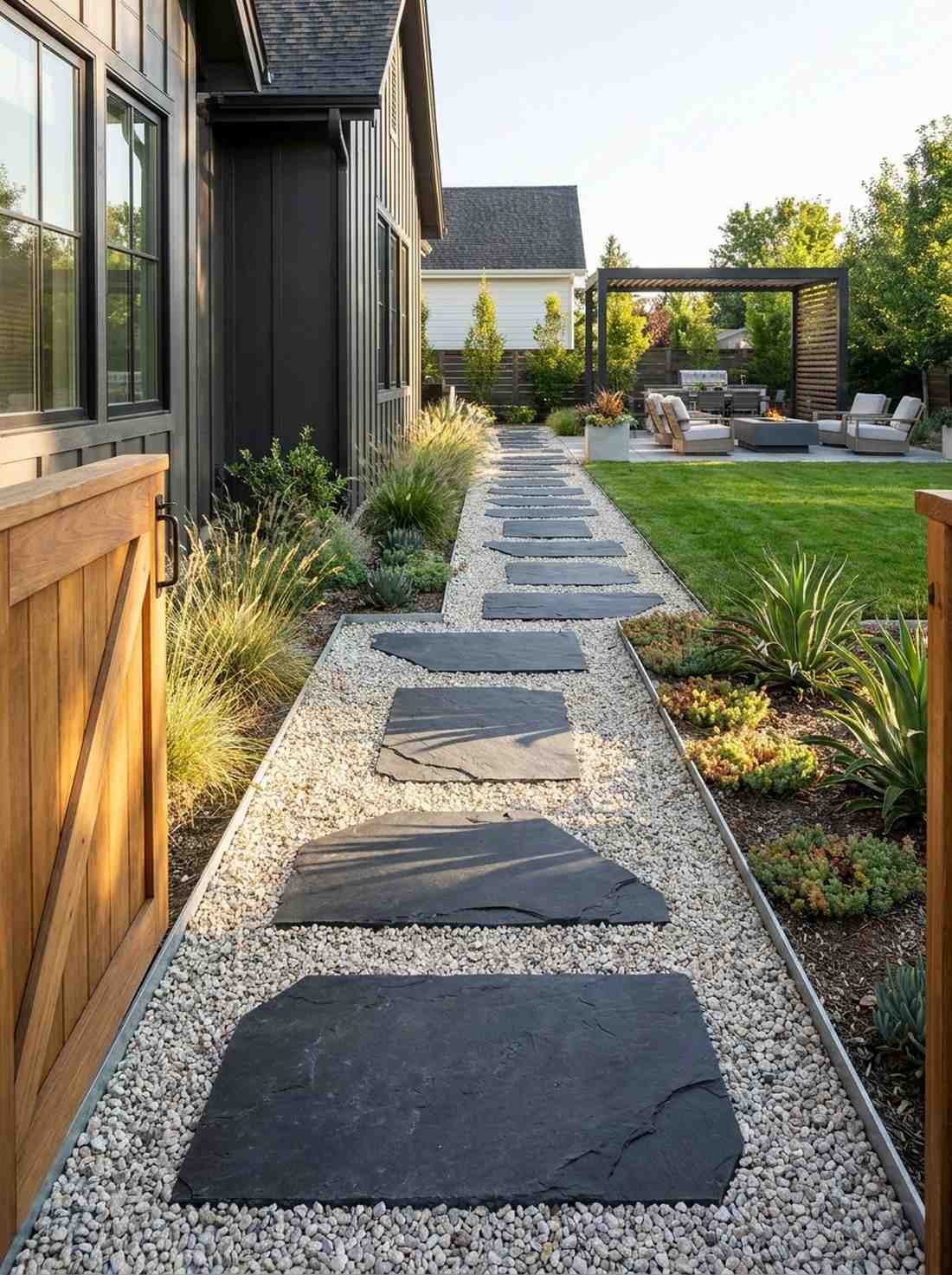 slate slabs over pea gravel