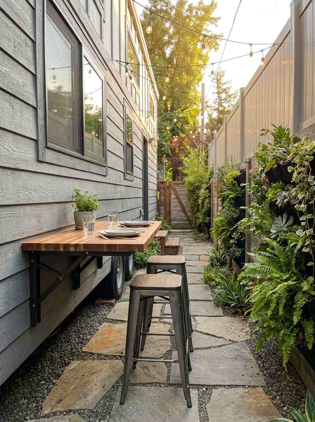 wall mounted flip down table and stools