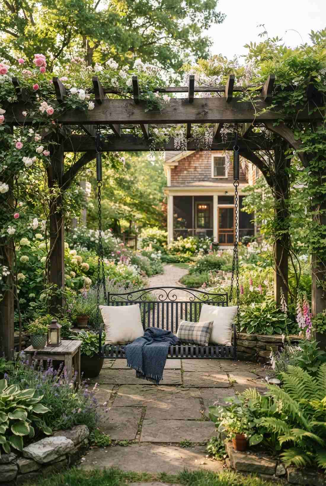 black swing bench for romantic garden corners