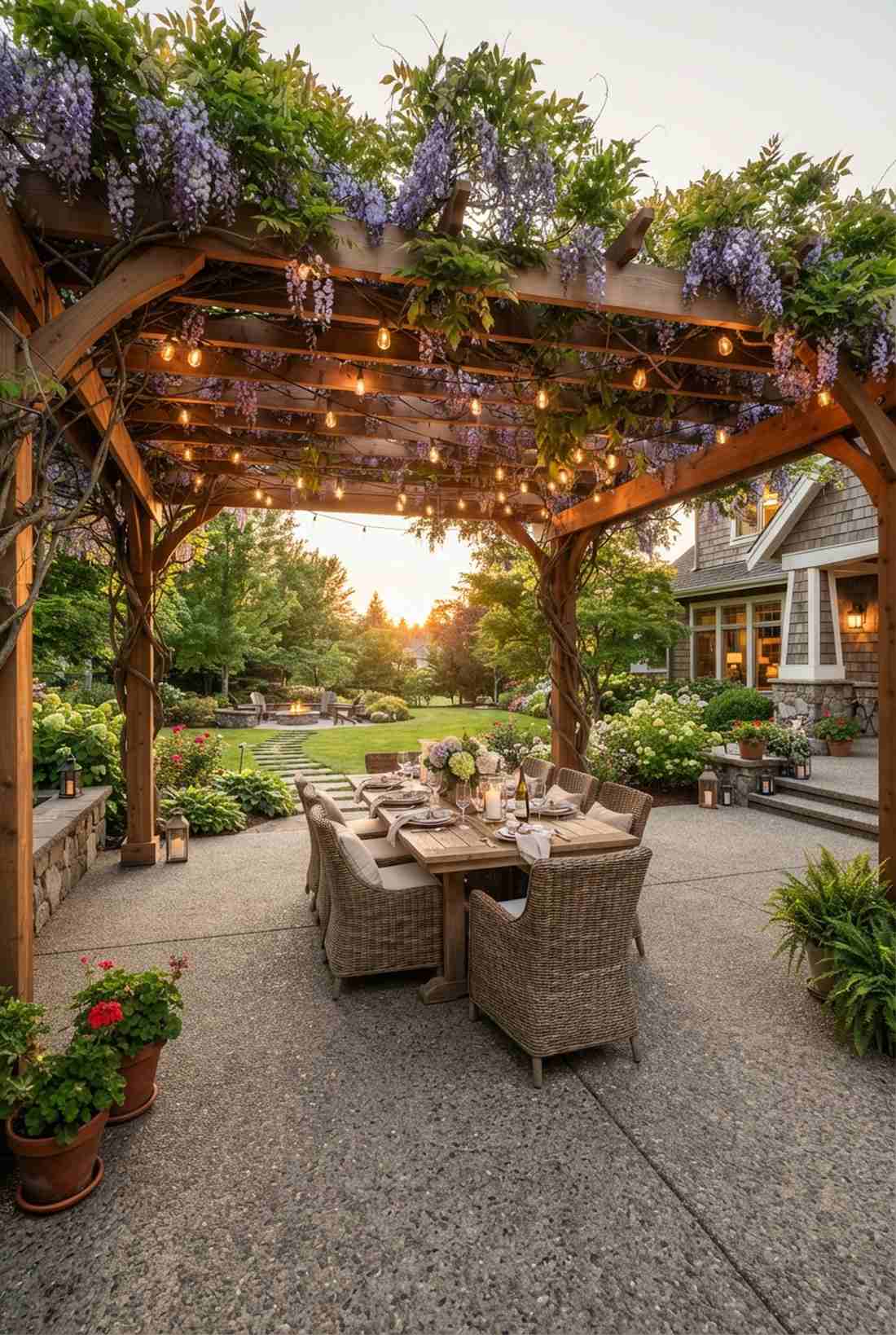 covered pergola dining area