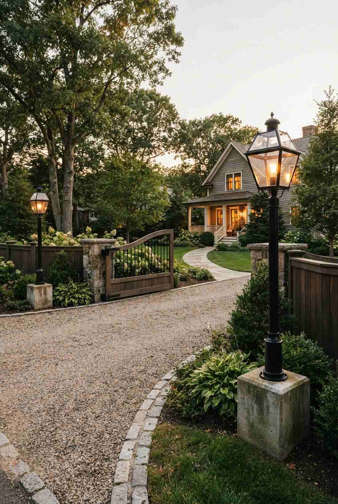 decorative lamp posts at fence corners