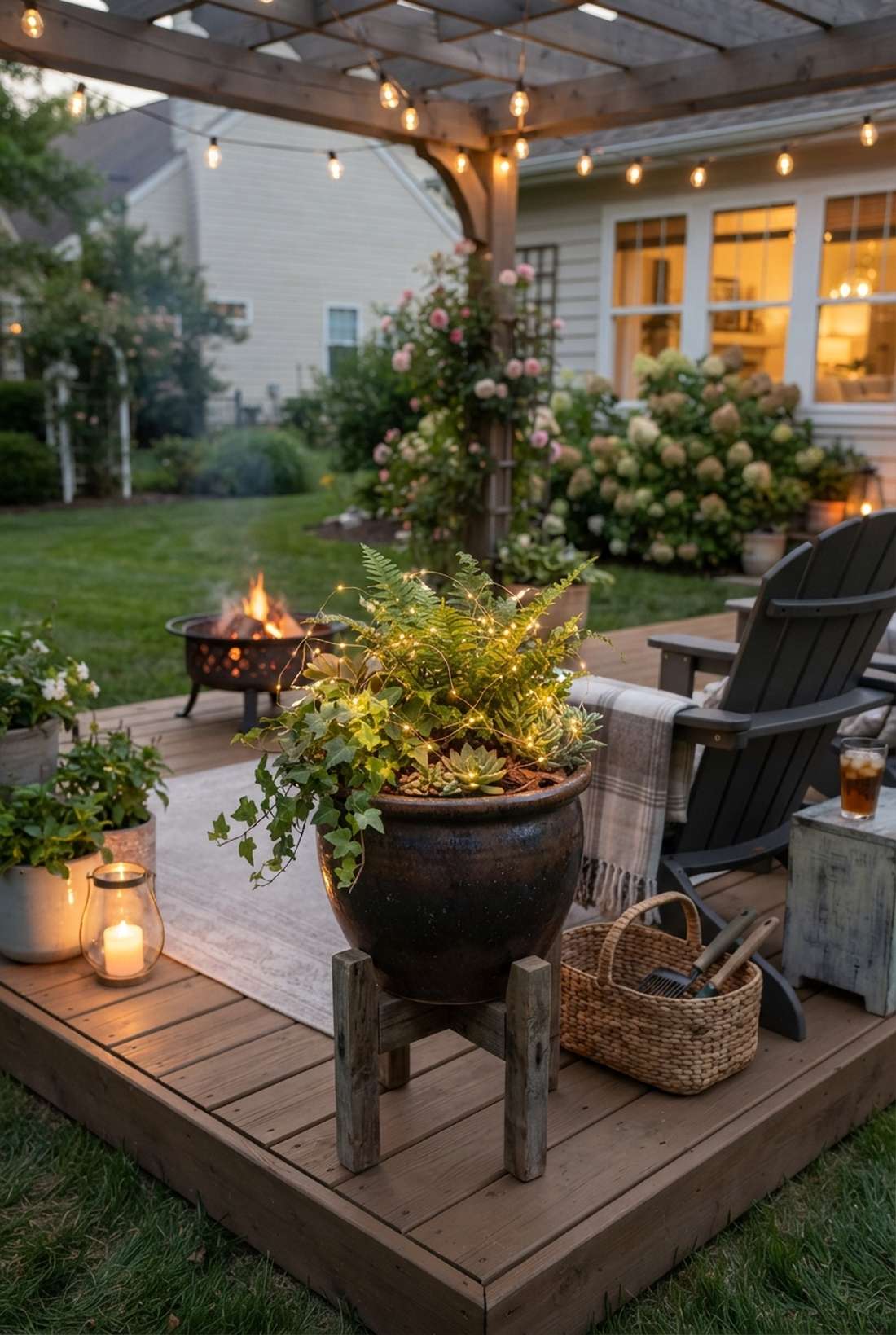 fairy lights in outdoor planters