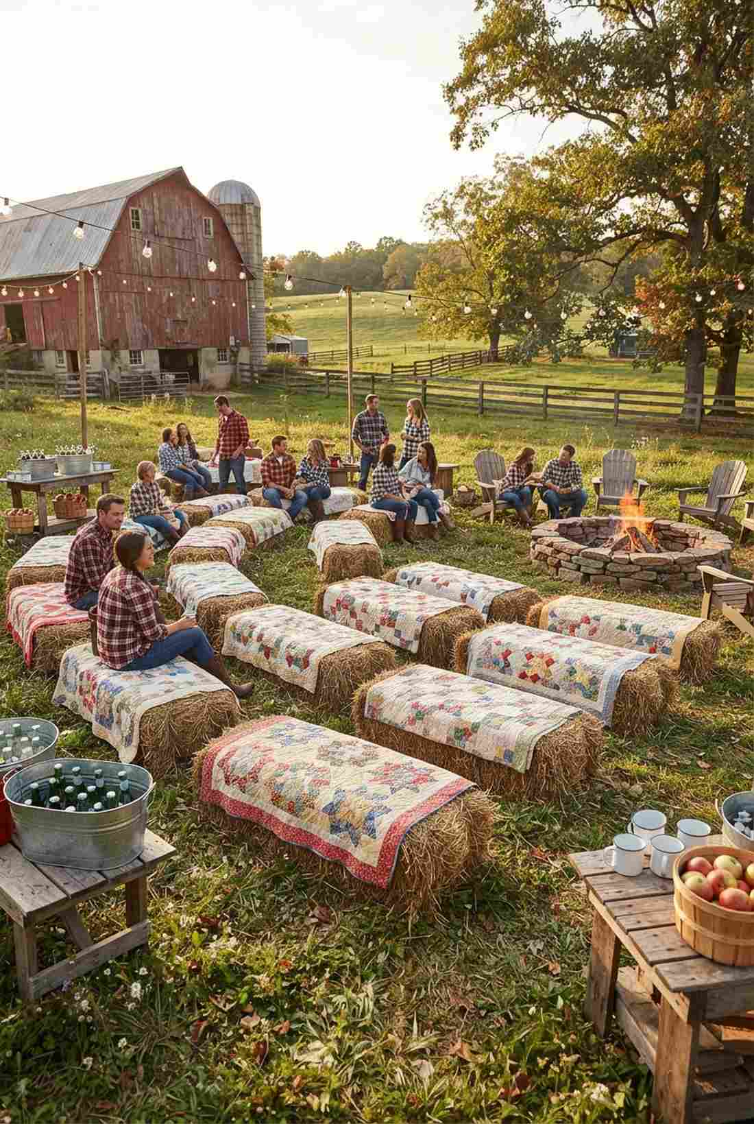 hay bales with vintage quilts