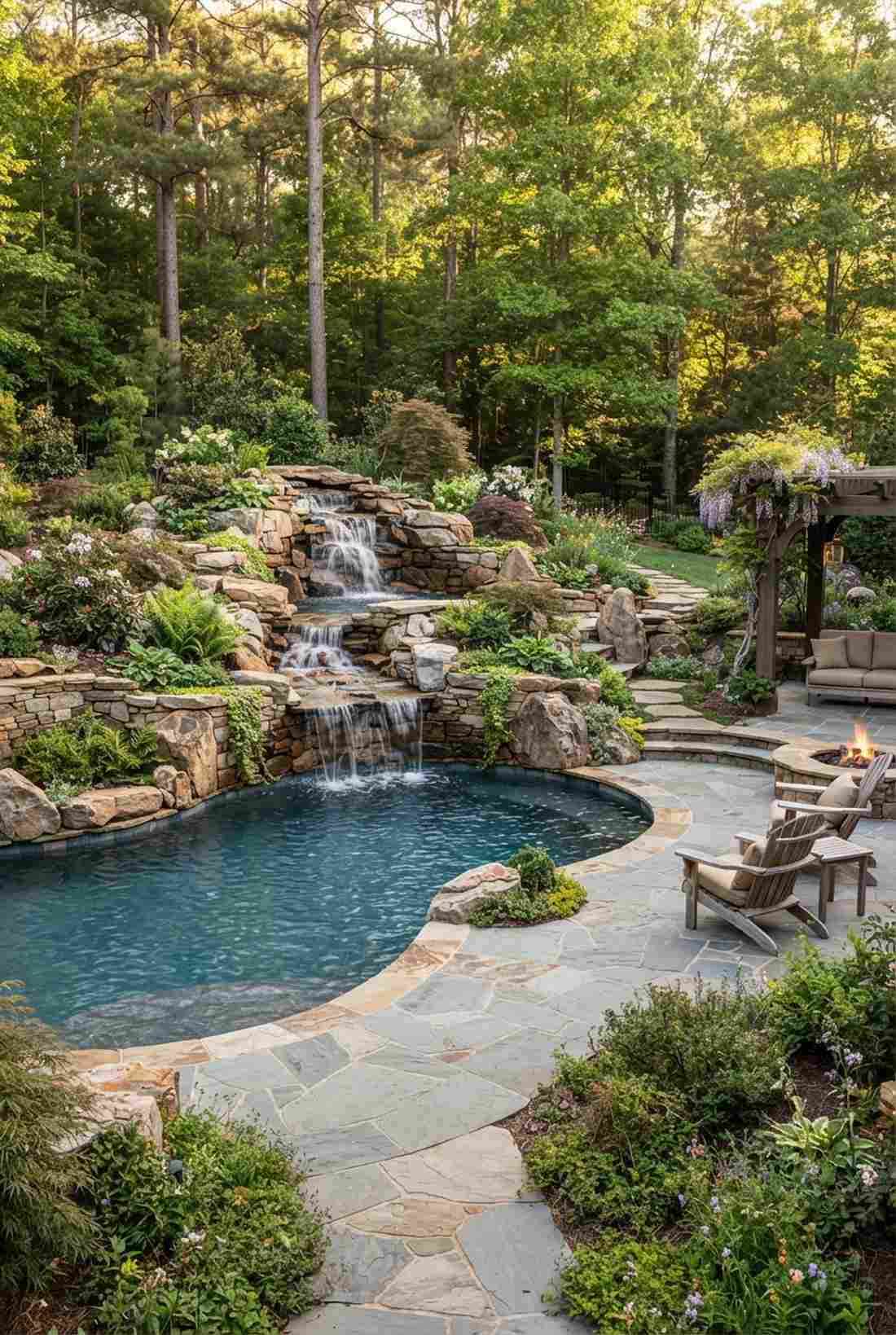 natural stone pool with waterfall patio