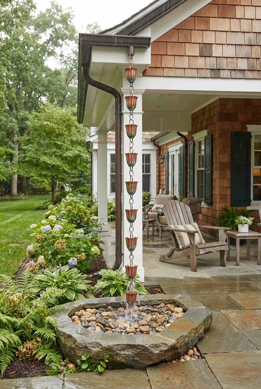 rain chain into stone basin