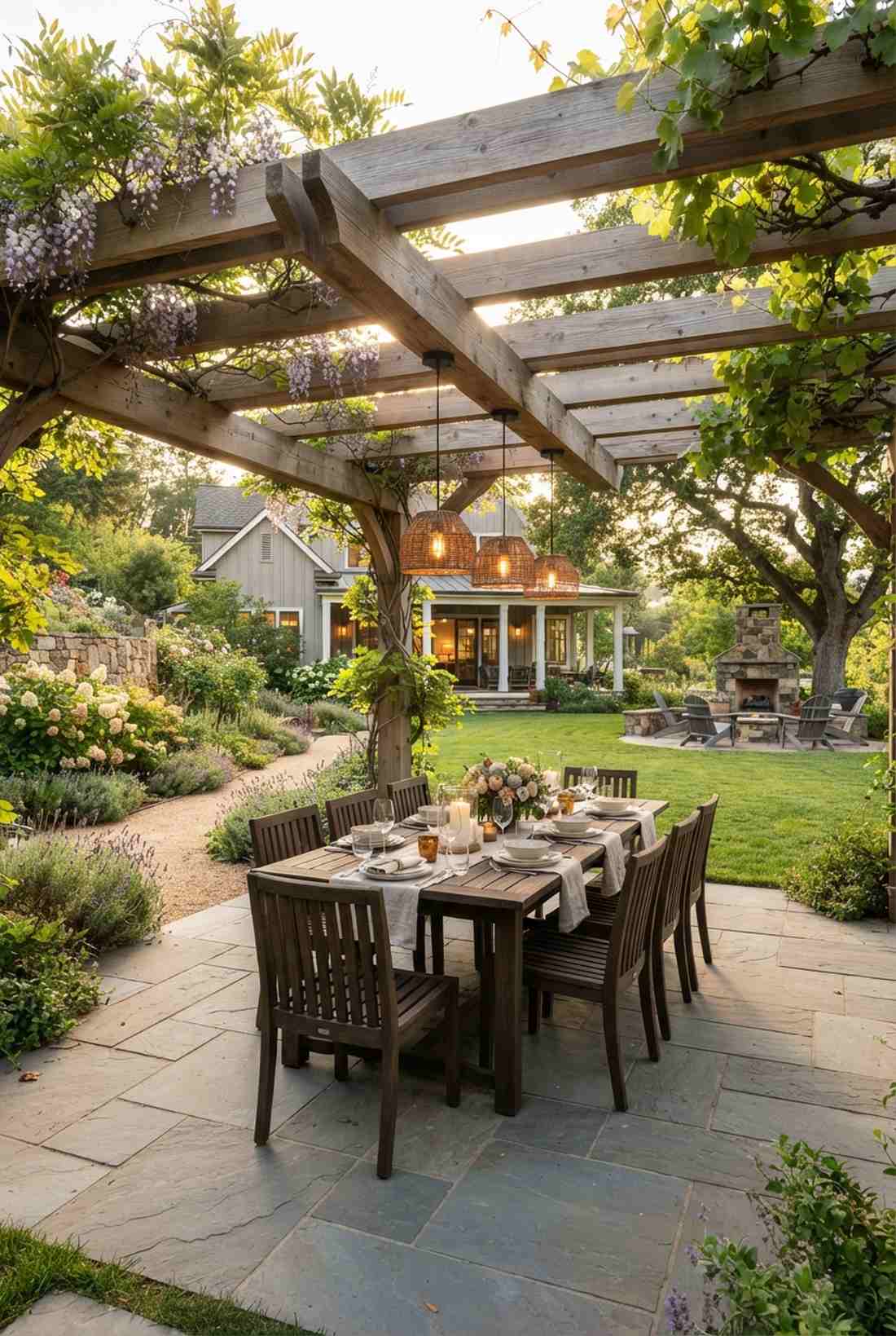rectangular table under pergola canopy