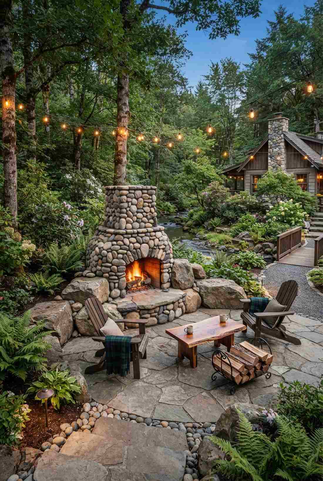 river rock fireplace with boulder accents
