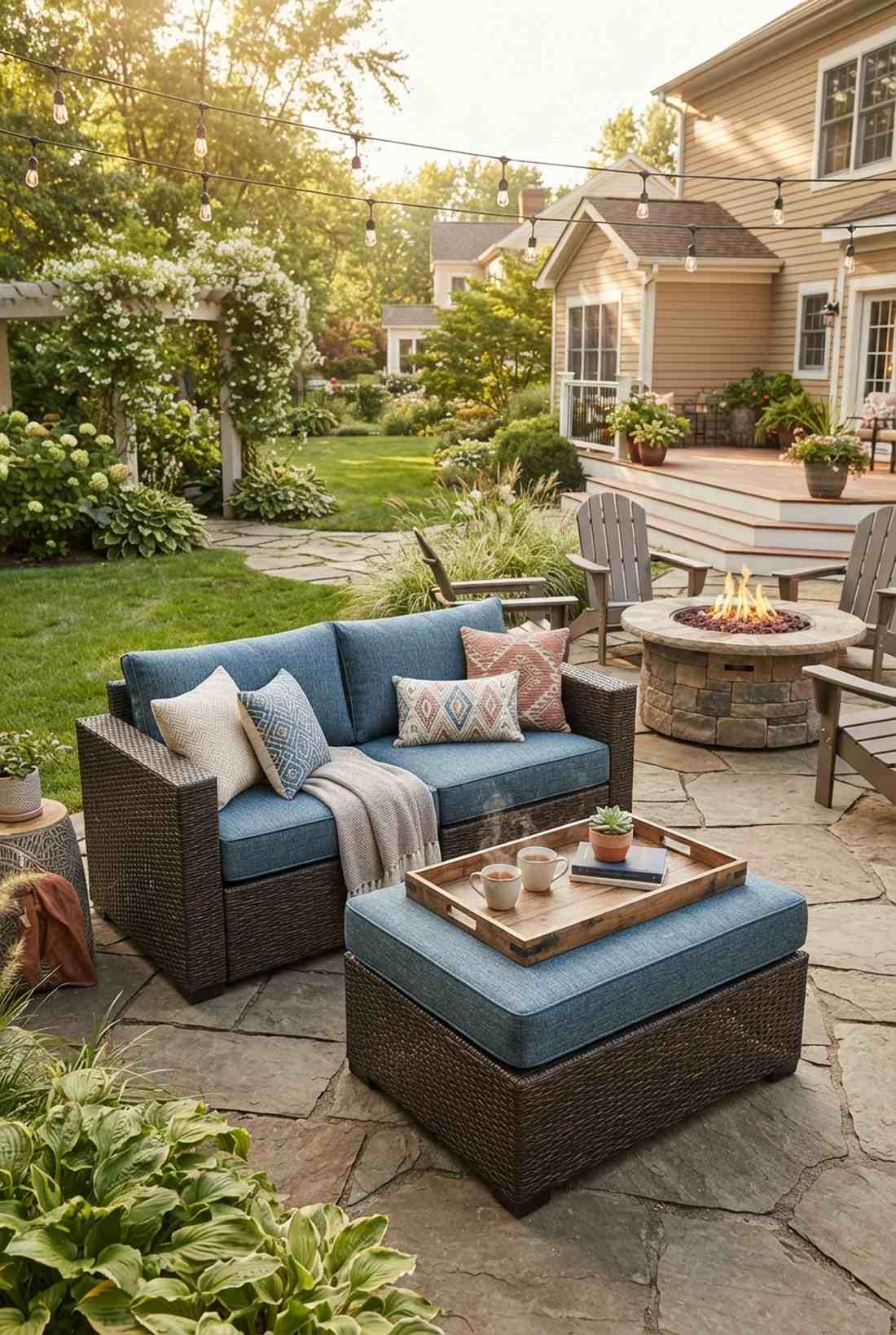 wicker loveseat with ottoman table