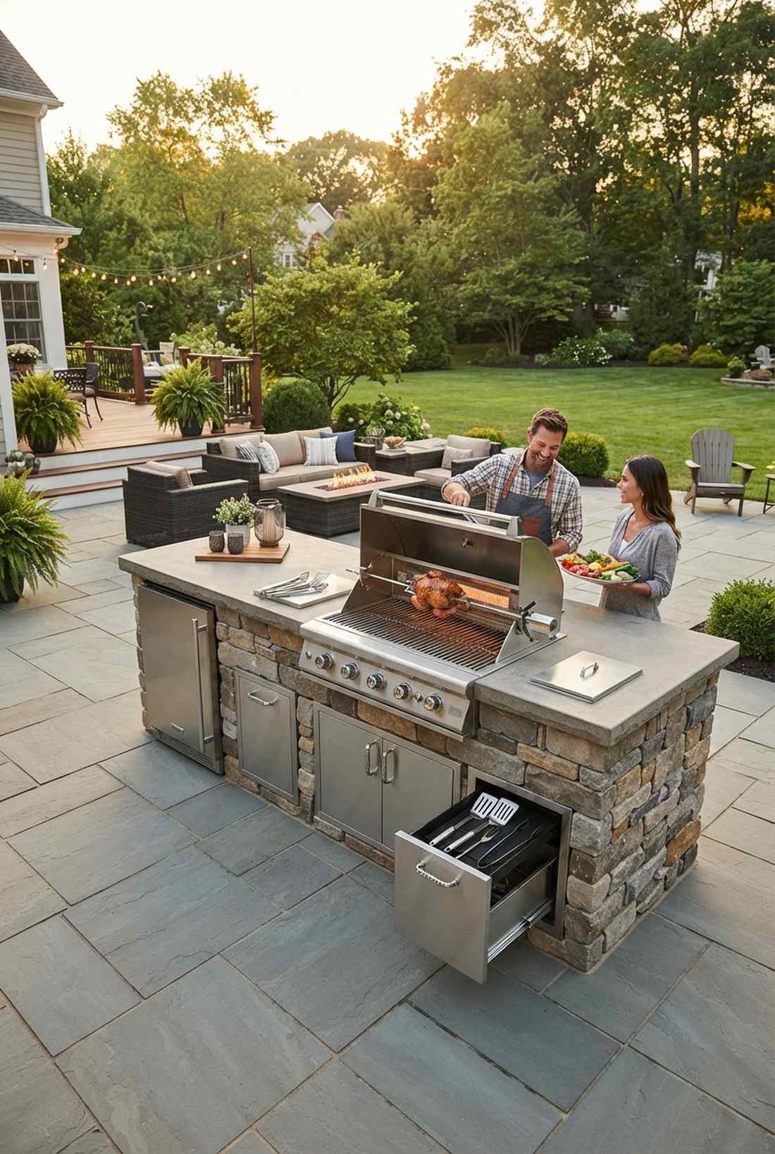 built in grill station with rotisserie
