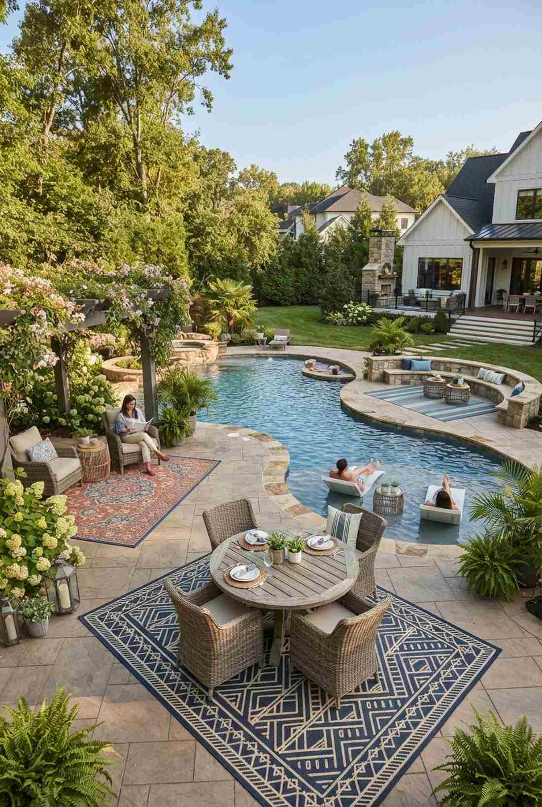 freeform pool with multiple lounging nooks