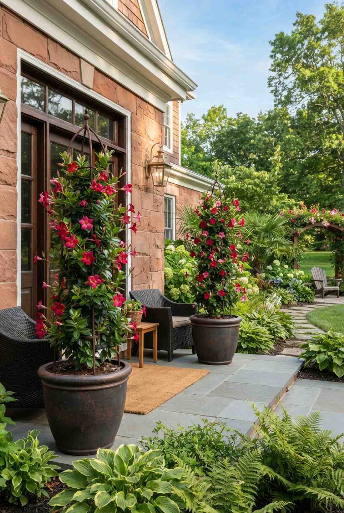 mandevilla vines on obelisks