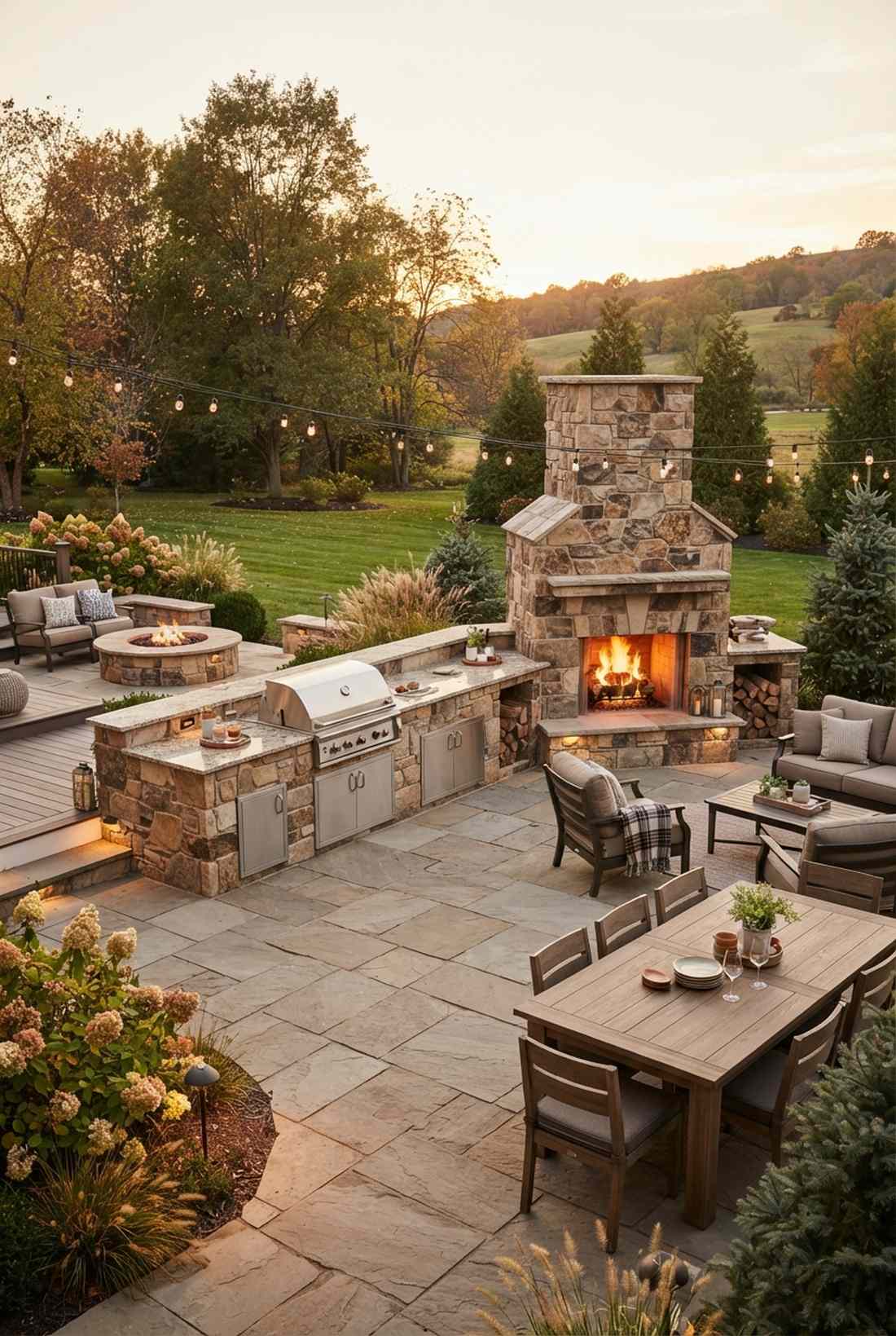 outdoor patio and kitchen with fireplace terminus