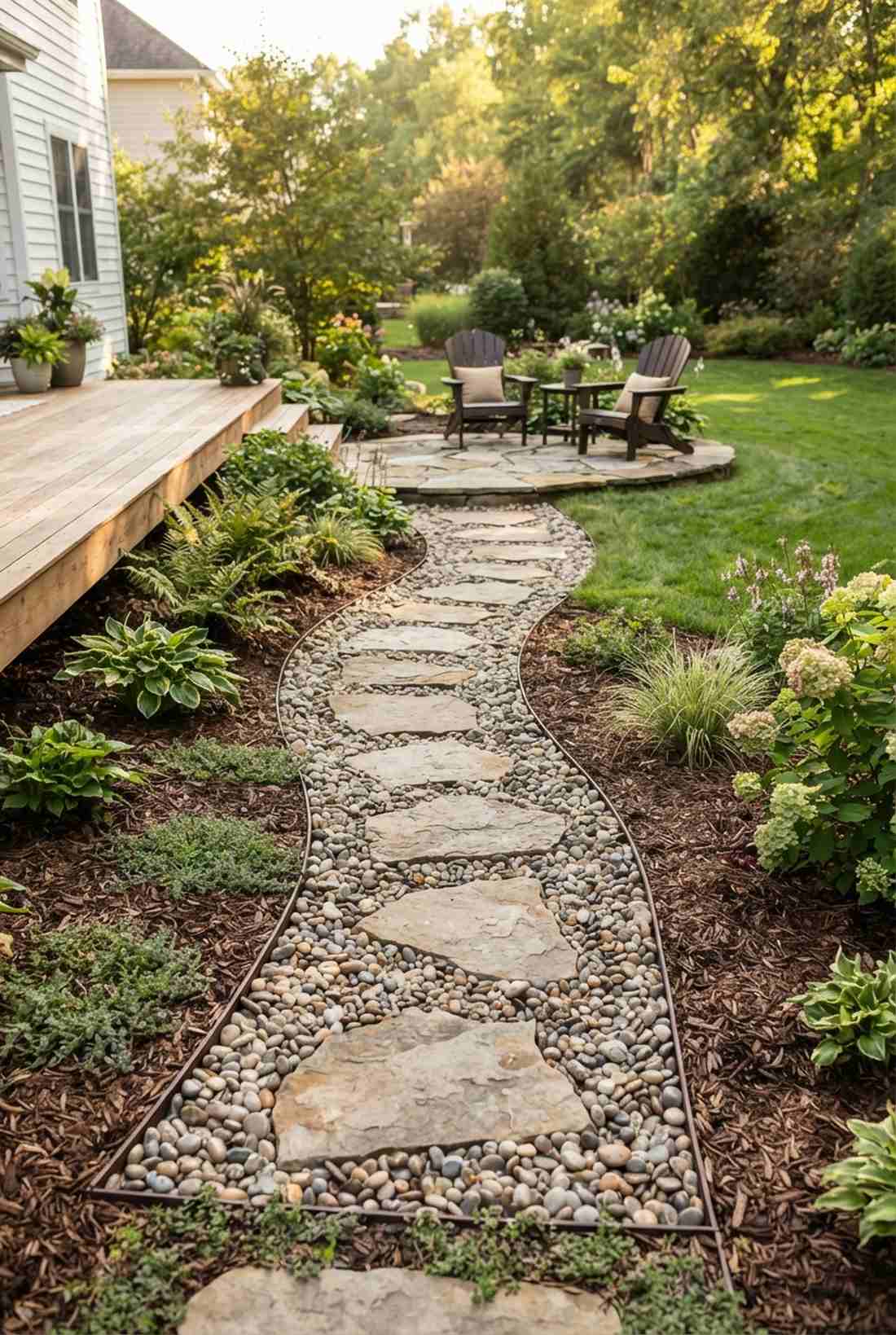 river rock mulch transition
