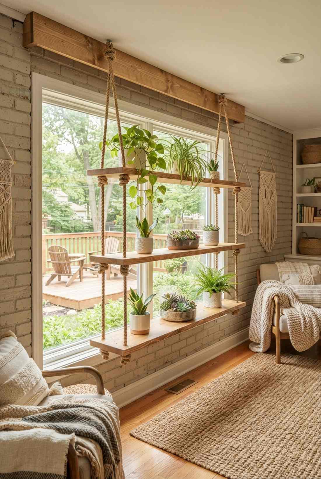 rope suspended plank shelves