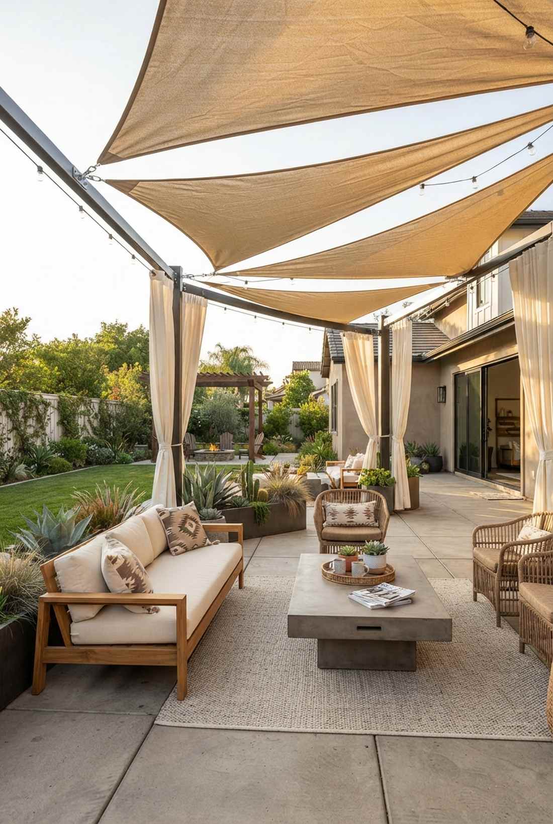 shade sails integrated with curtain tracks