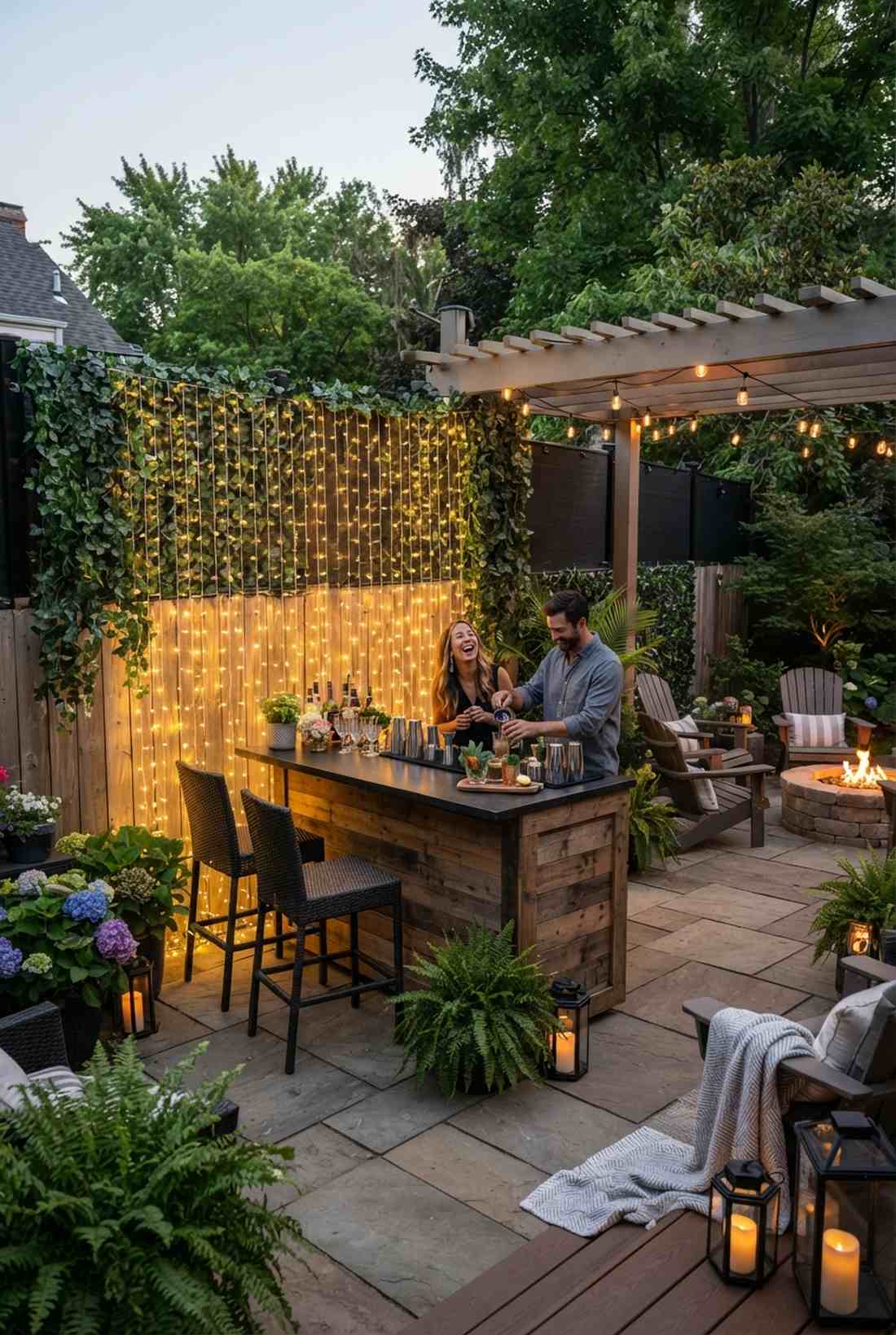 string lights behind bar area