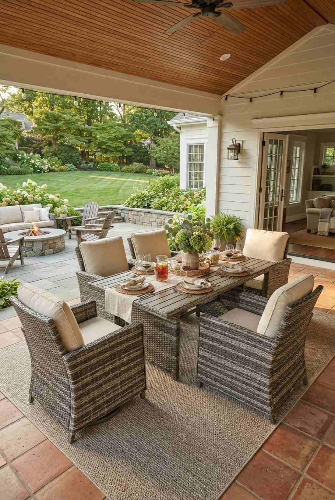 wicker dining set with cushioned chairs
