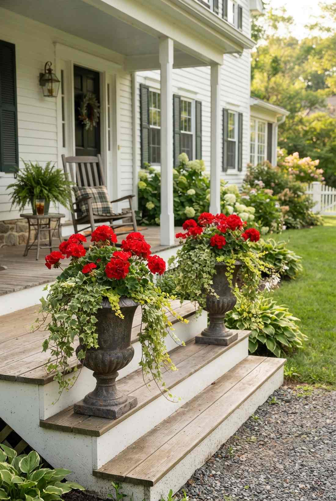 geranium filled urns