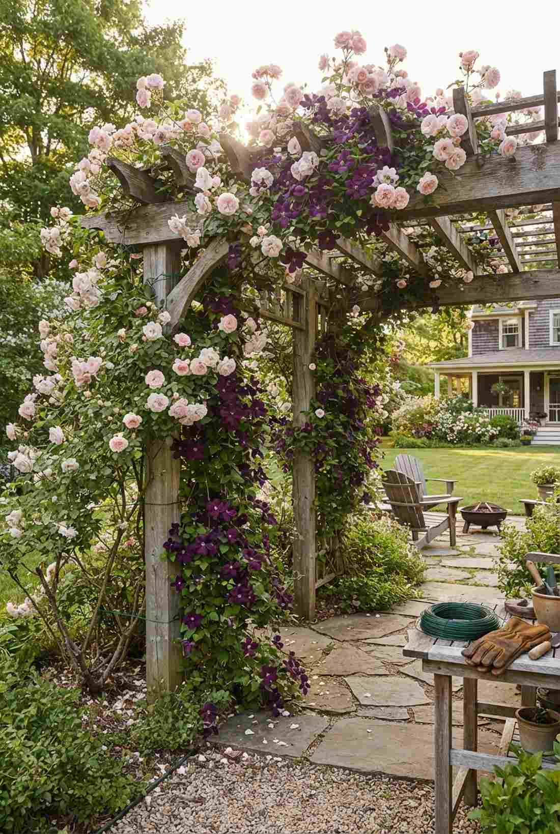 new dawn rose with jackmanii clematis
