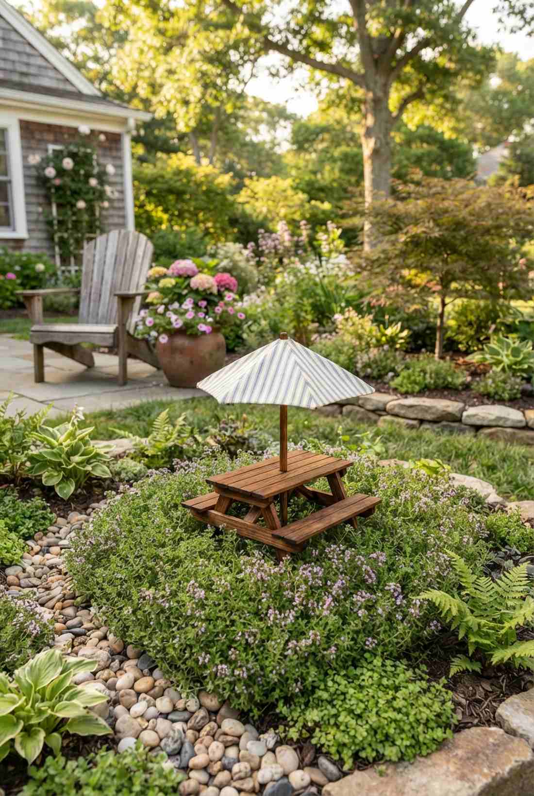 picnic tables with umbrellas