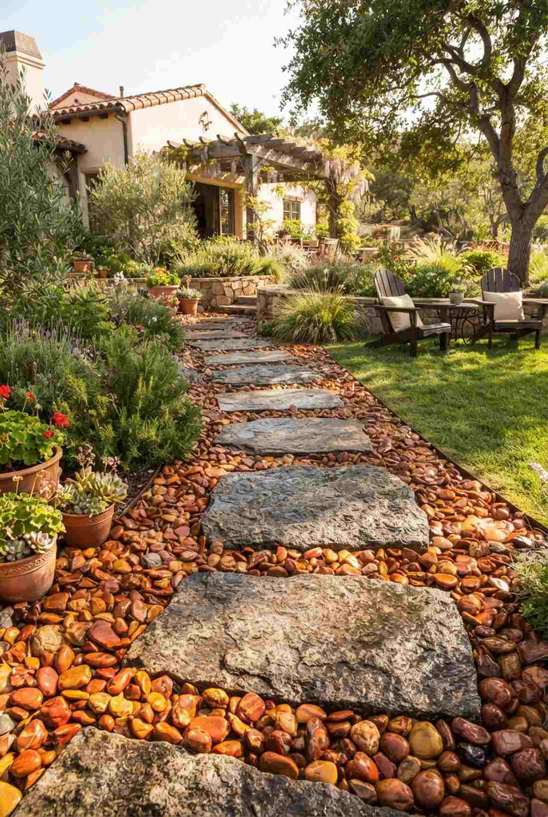 rough granite slabs with smooth jasper pebbles