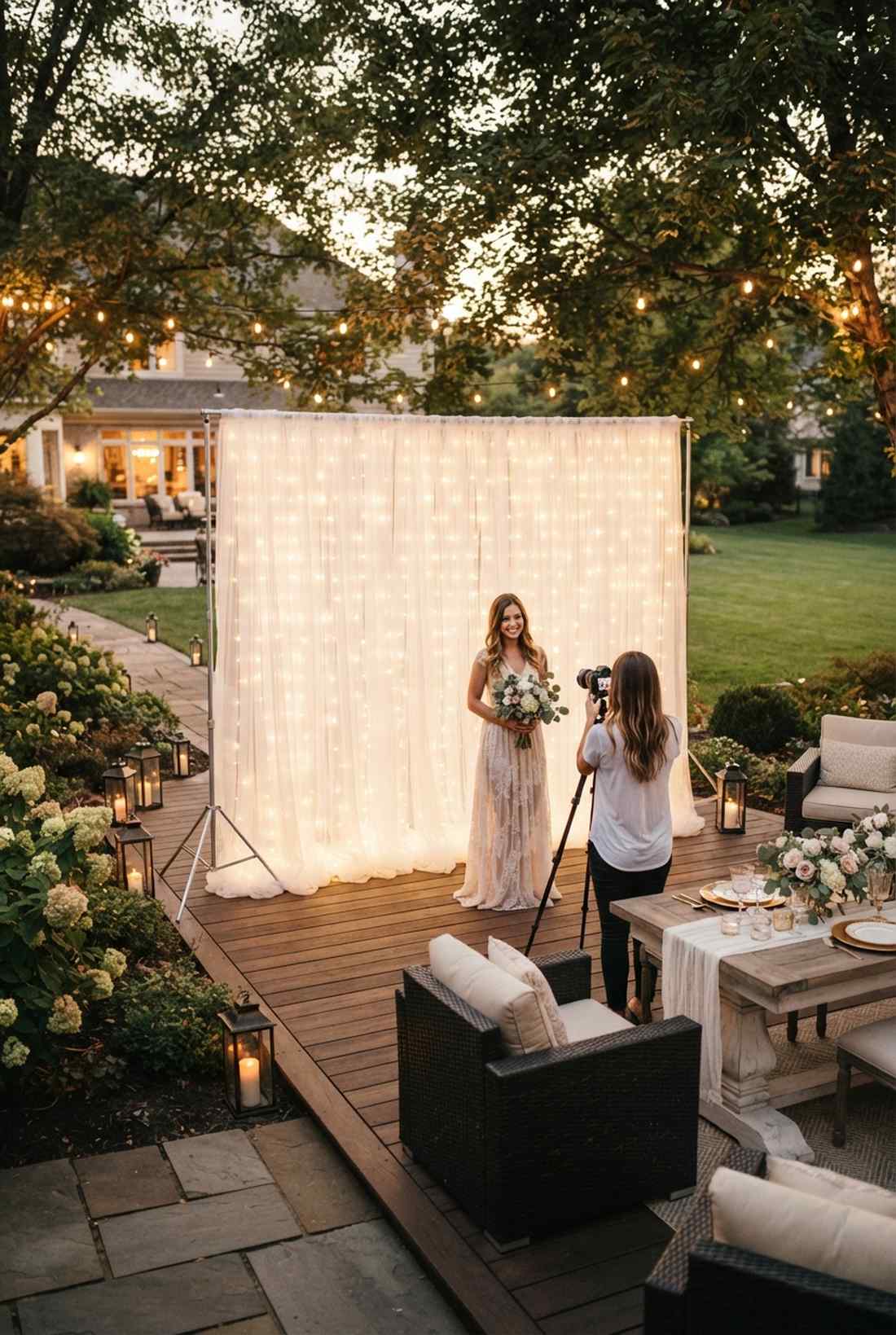 sheer curtain twinkle light backdrop