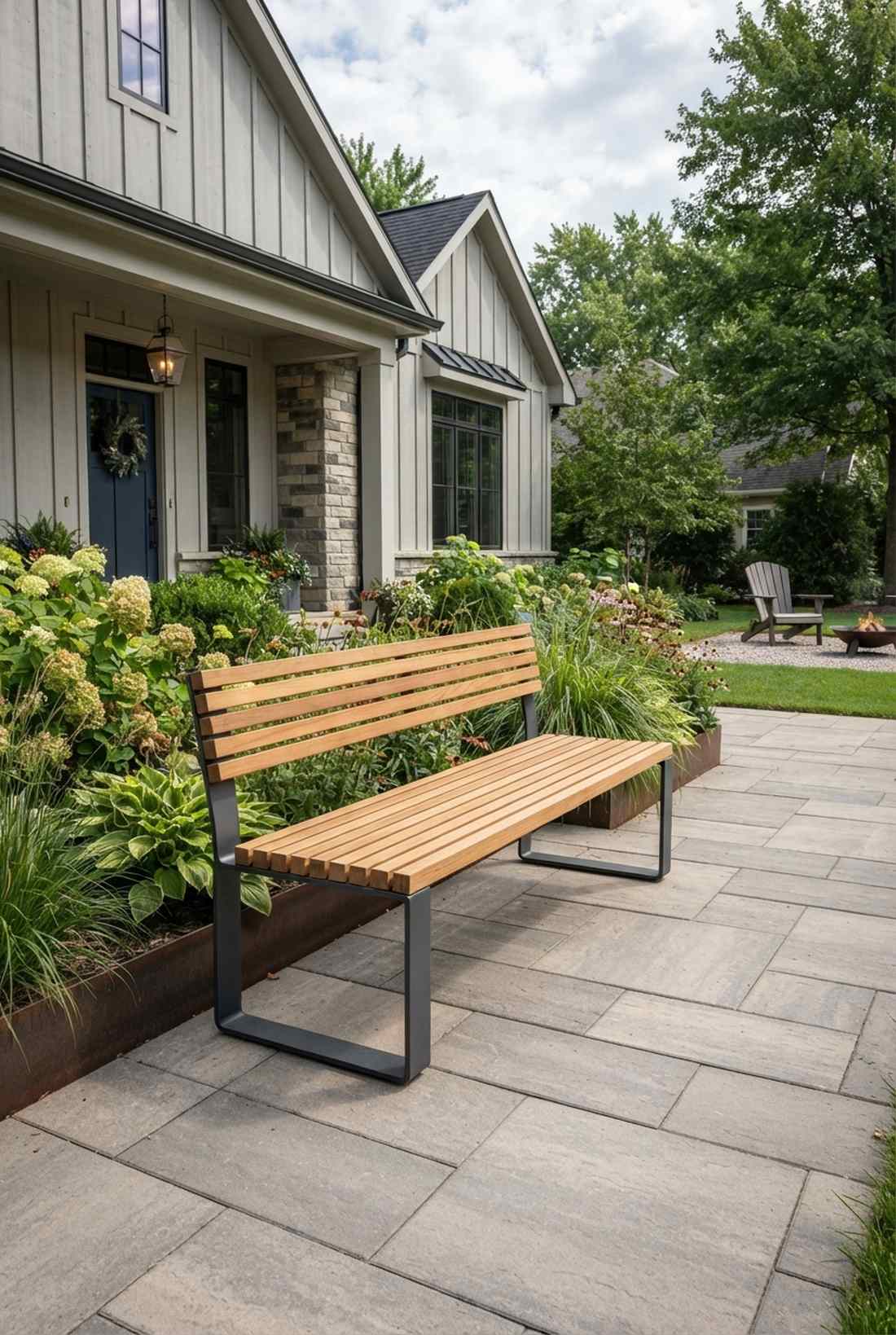 steel strap and slat wood benches