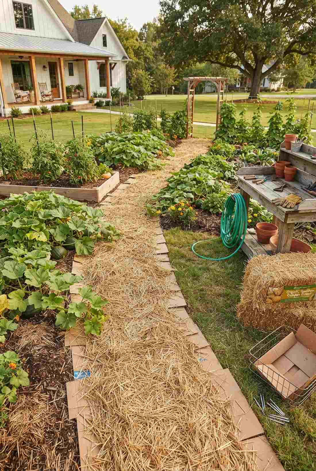 straw over cardboard foundation