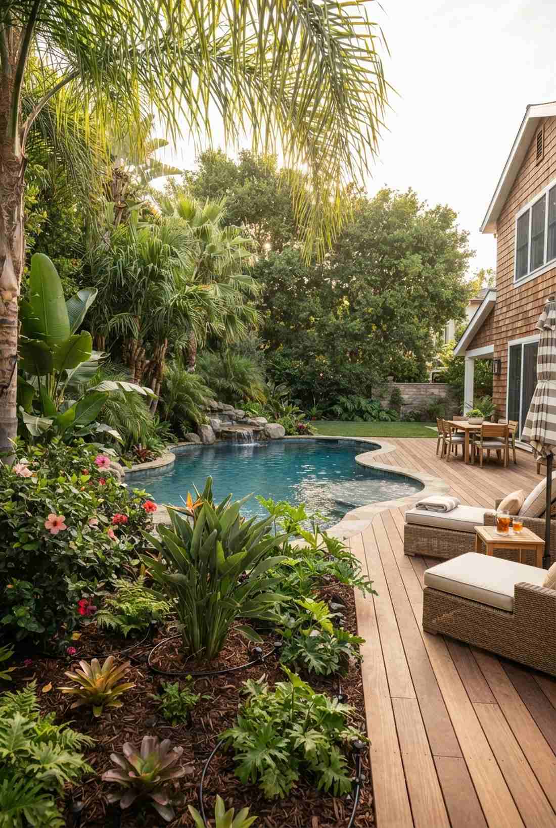 tropical oasis pool with planted perimeter