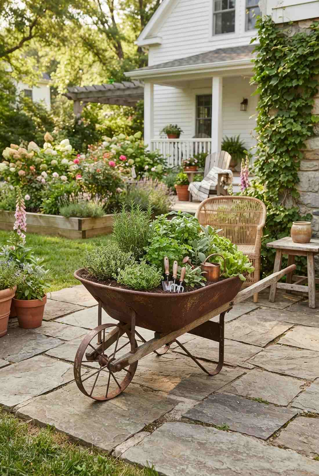 wheelbarrow herb and greens bed