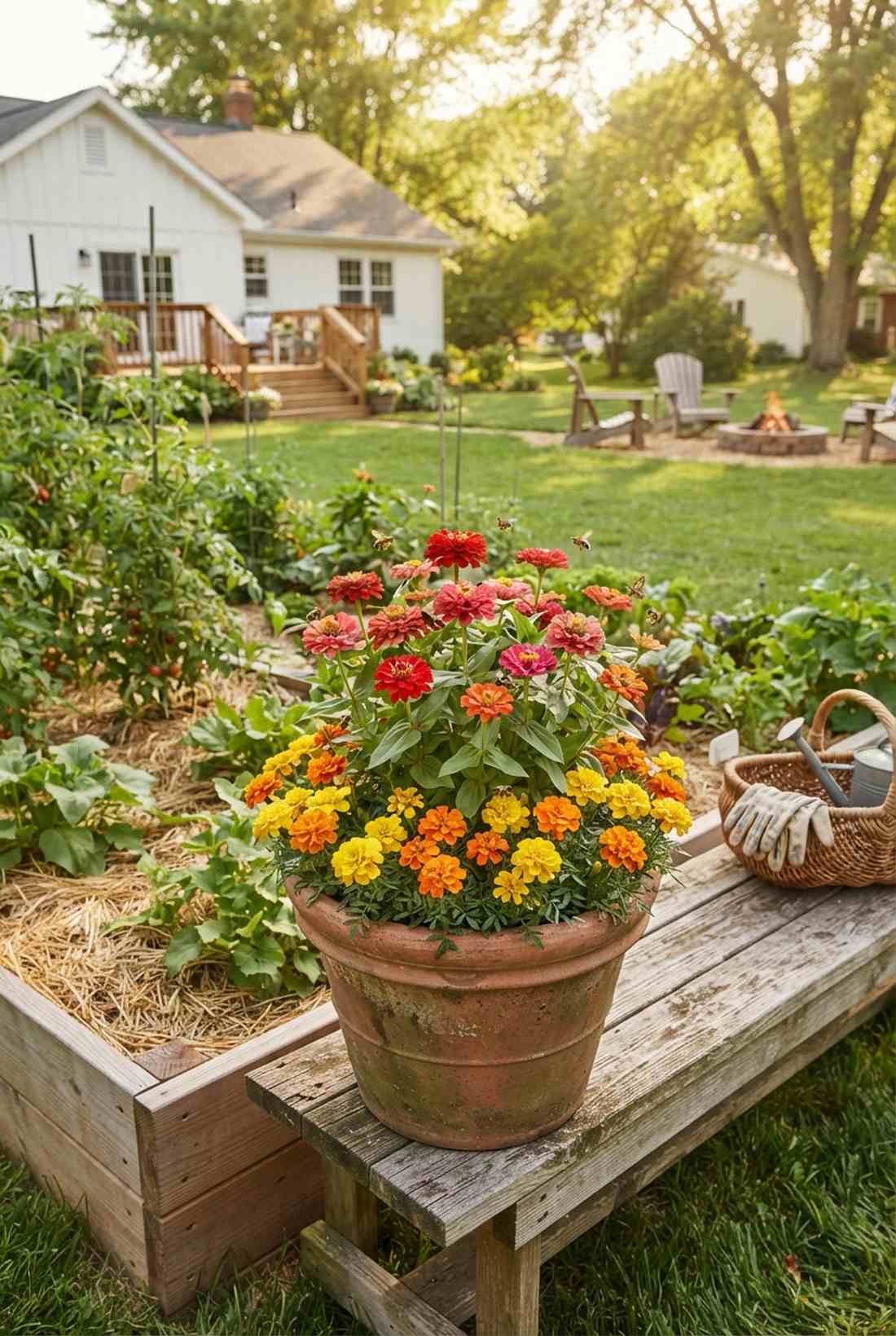 zinnia marigold pollinator pot