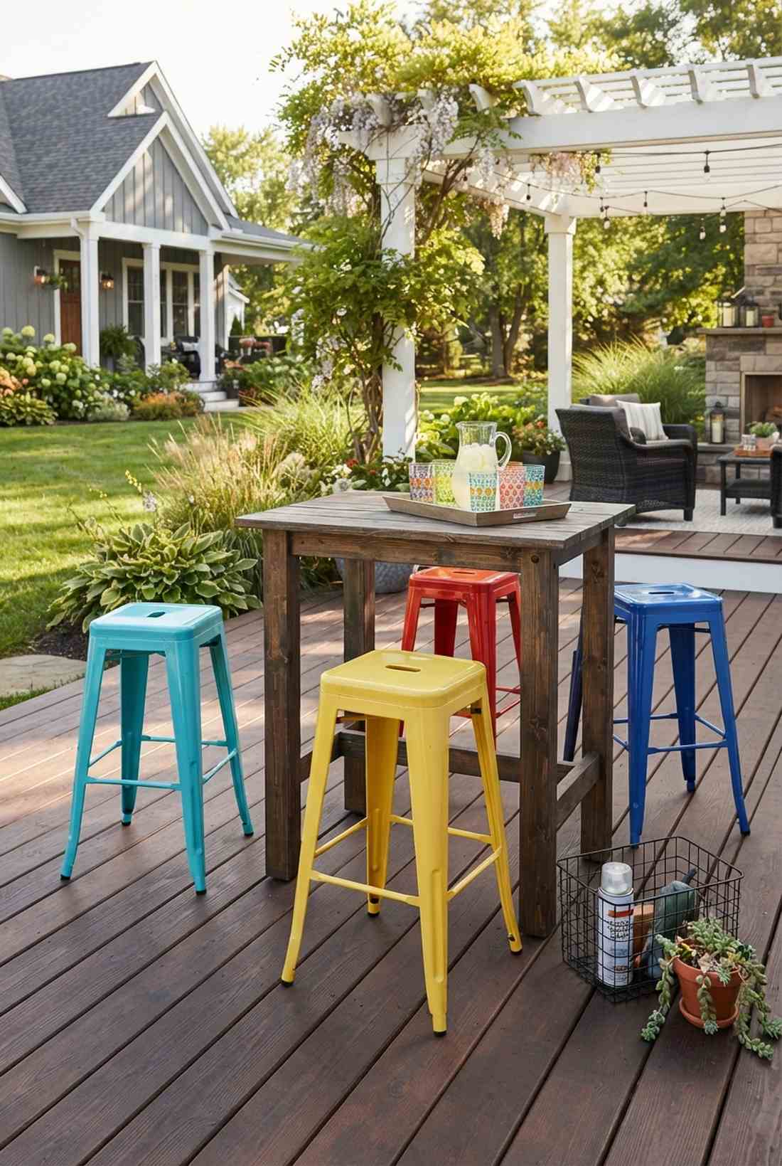 colorful metal stools as accent pieces