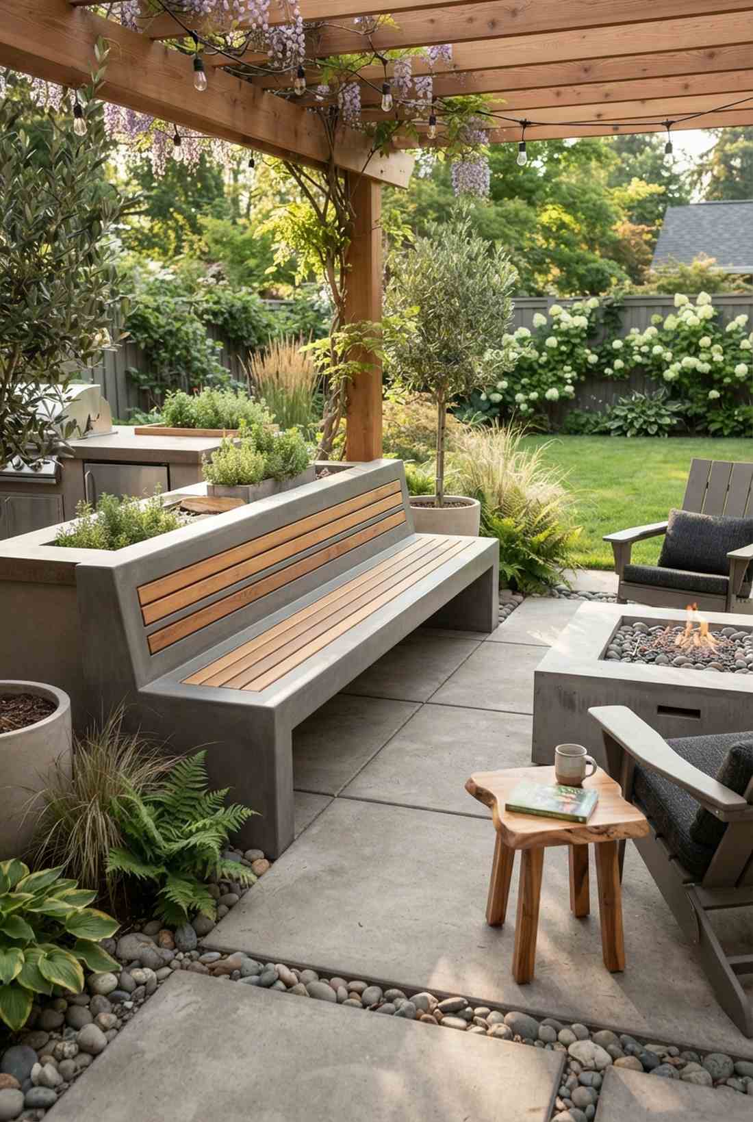 concrete bench with wood inlay strips