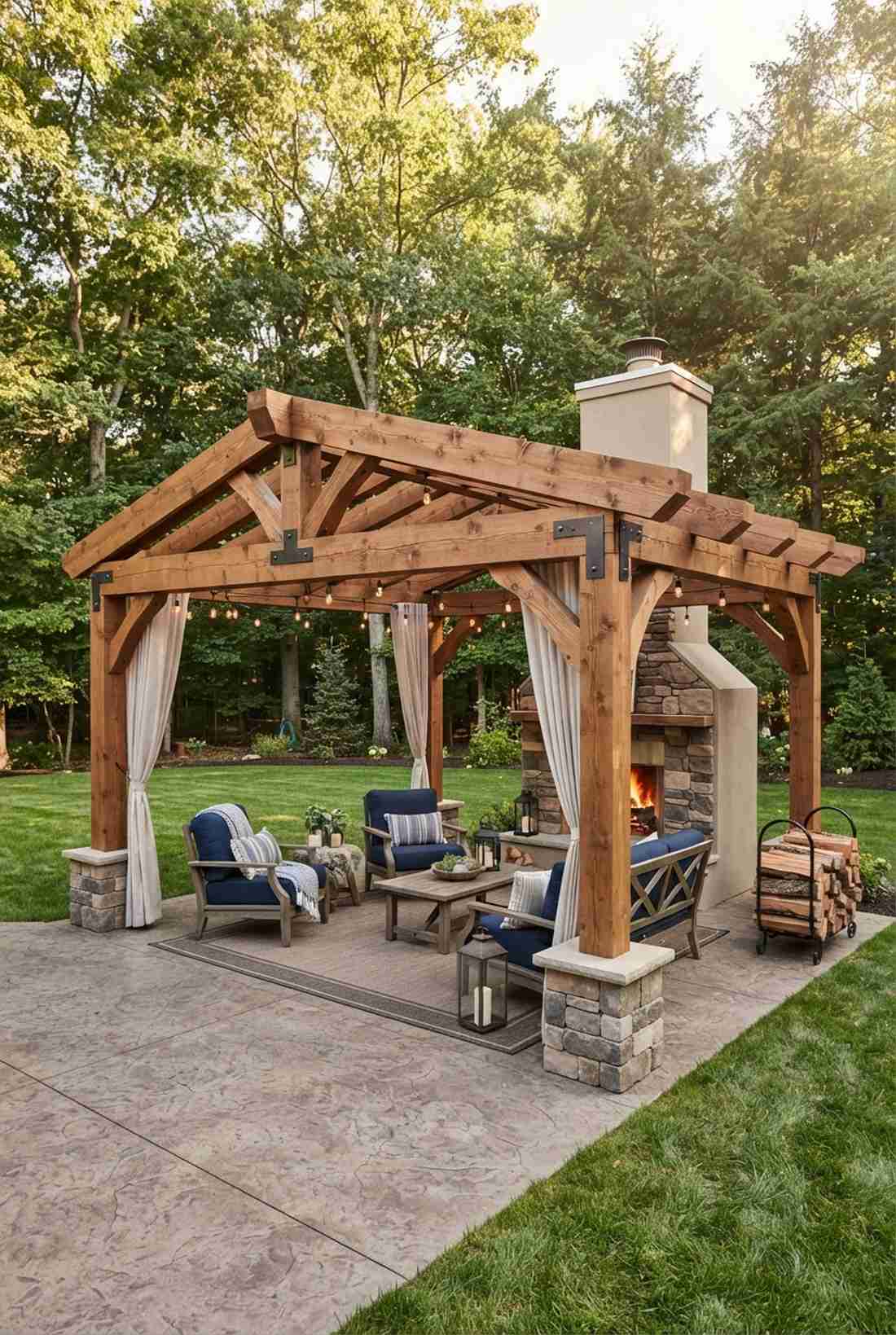 fireplace under timber frame pergola