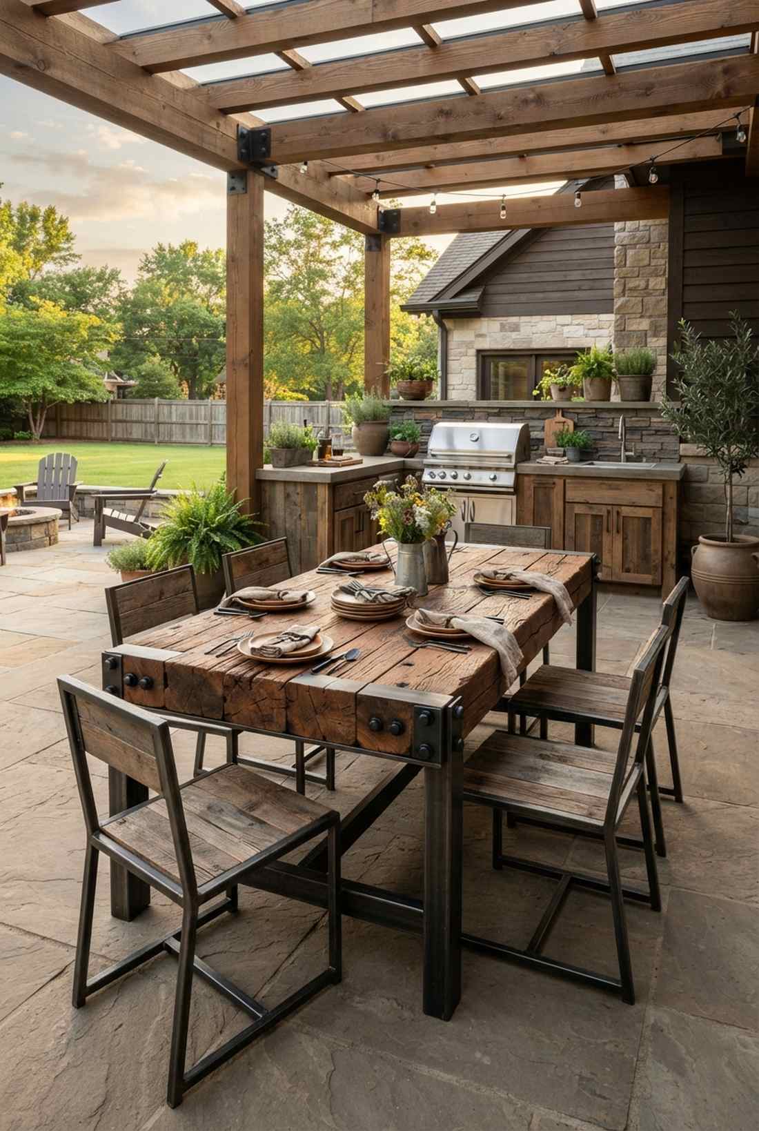 reclaimed timber and angle iron tables