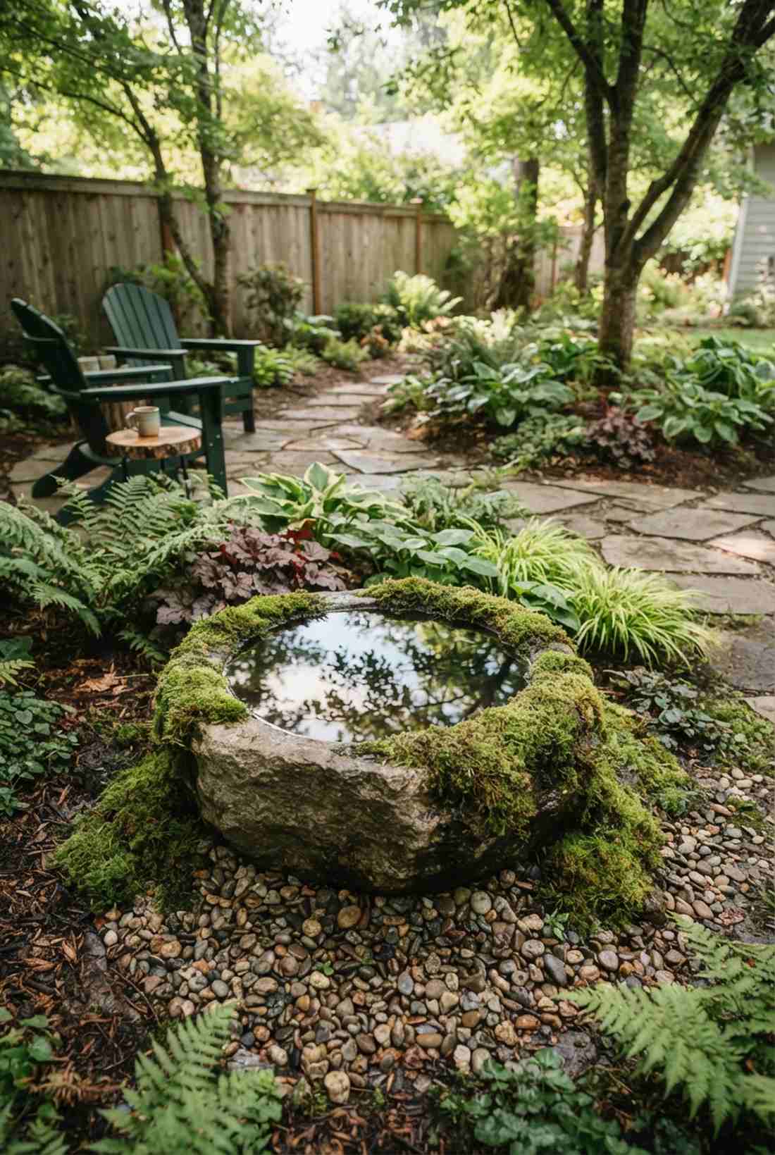 stone basin with moss surround