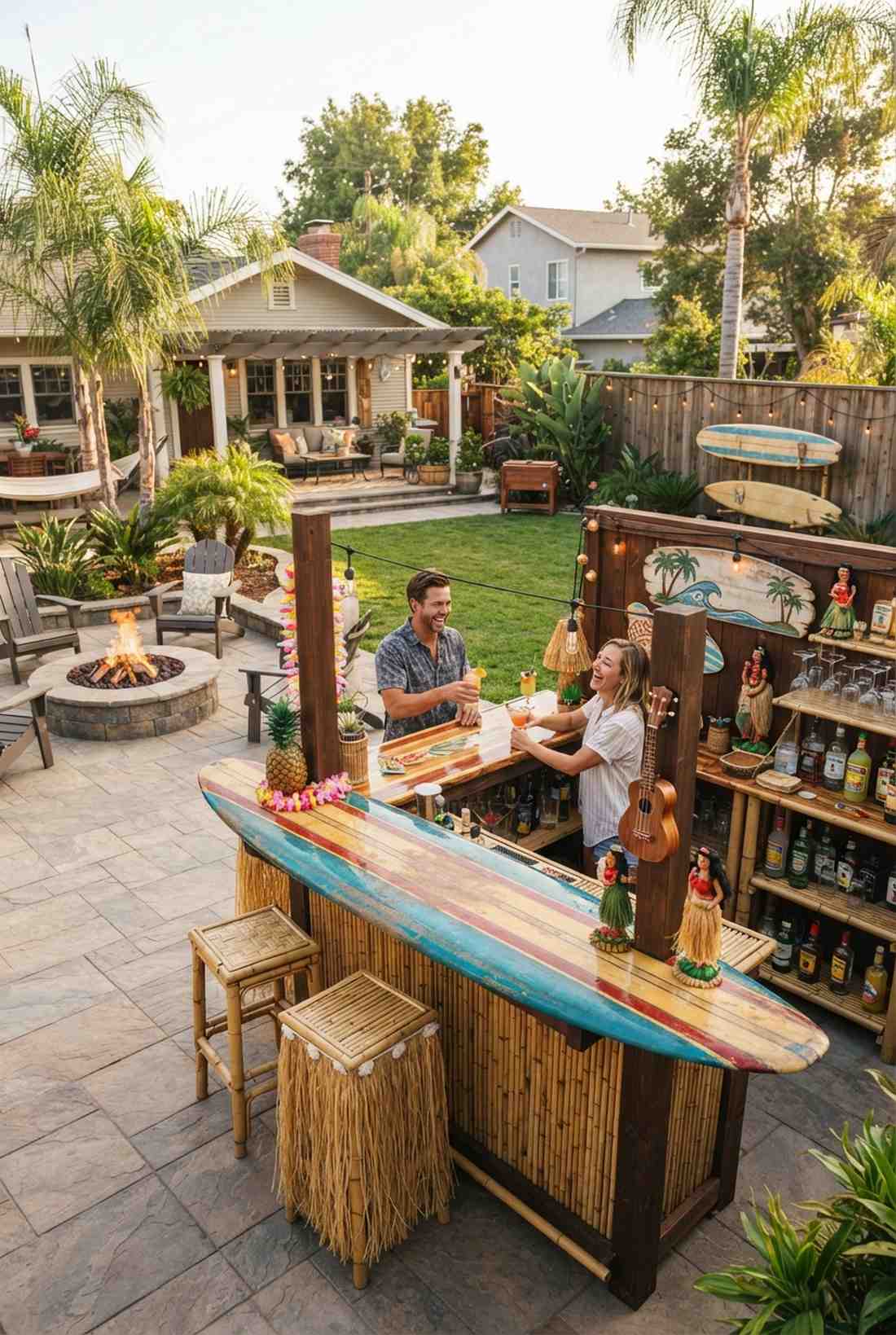 tiki bar with surf decor