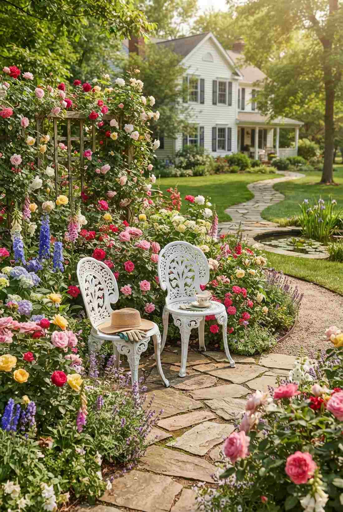 white metal chairs among rose gardens