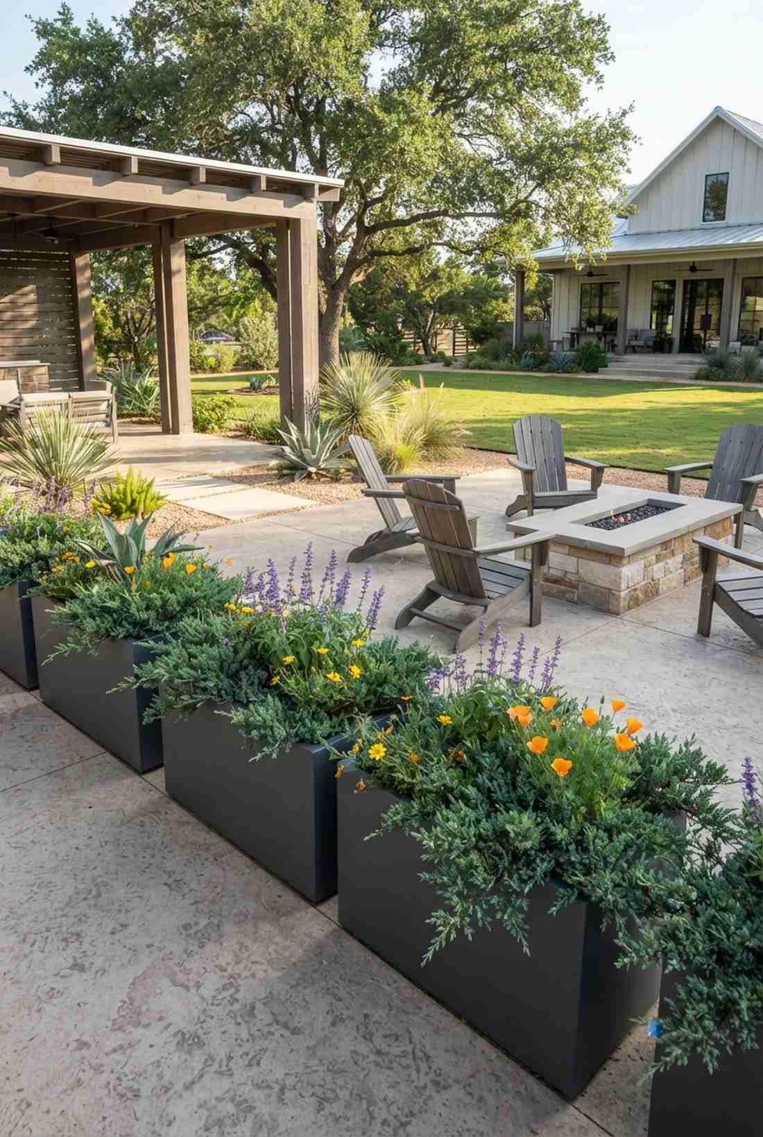 xeriscaped container with potted juniper plants