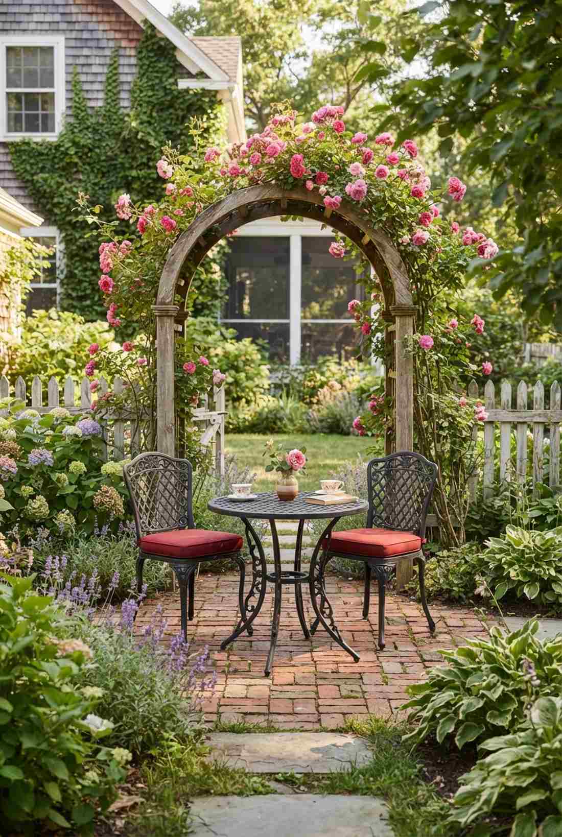 bistro set beneath rose arch
