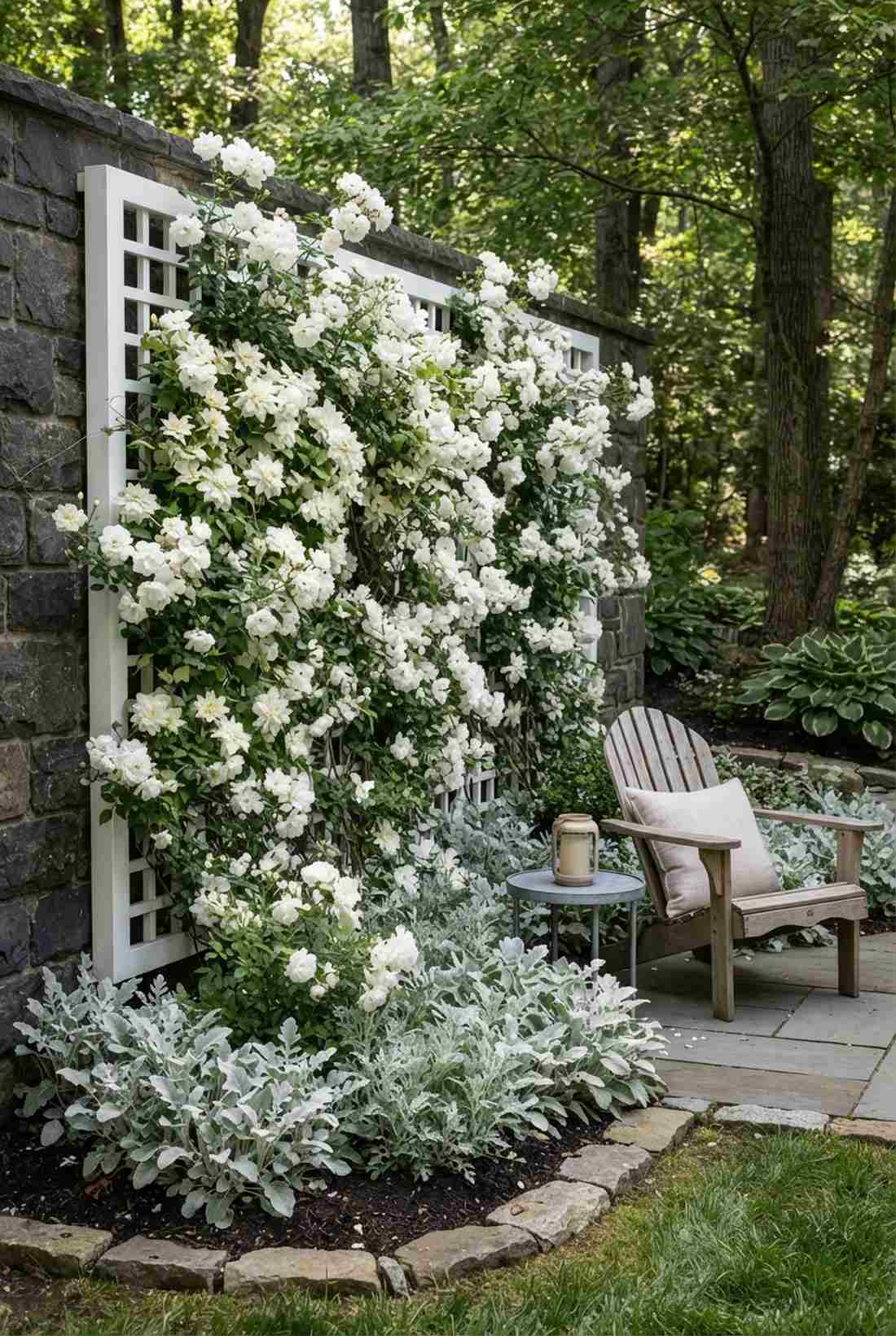 climbing iceberg rose with duchess of edinburgh clematis