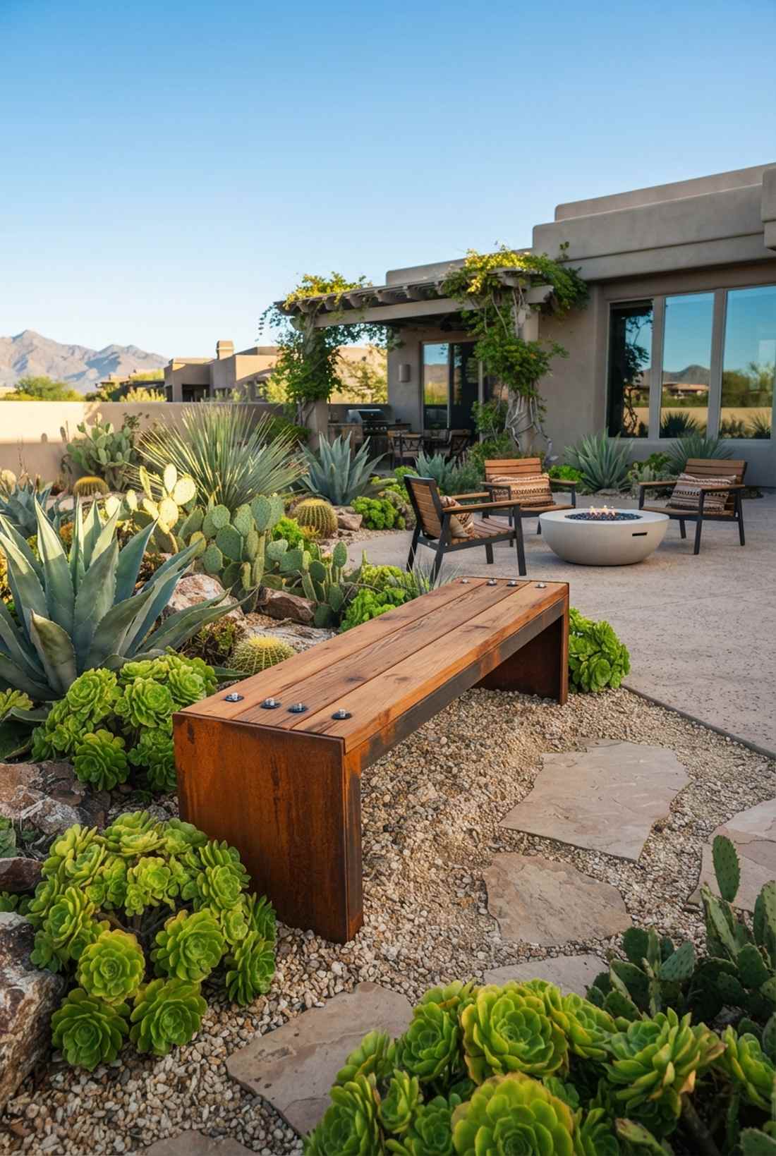 cor ten steel bench with wood seat