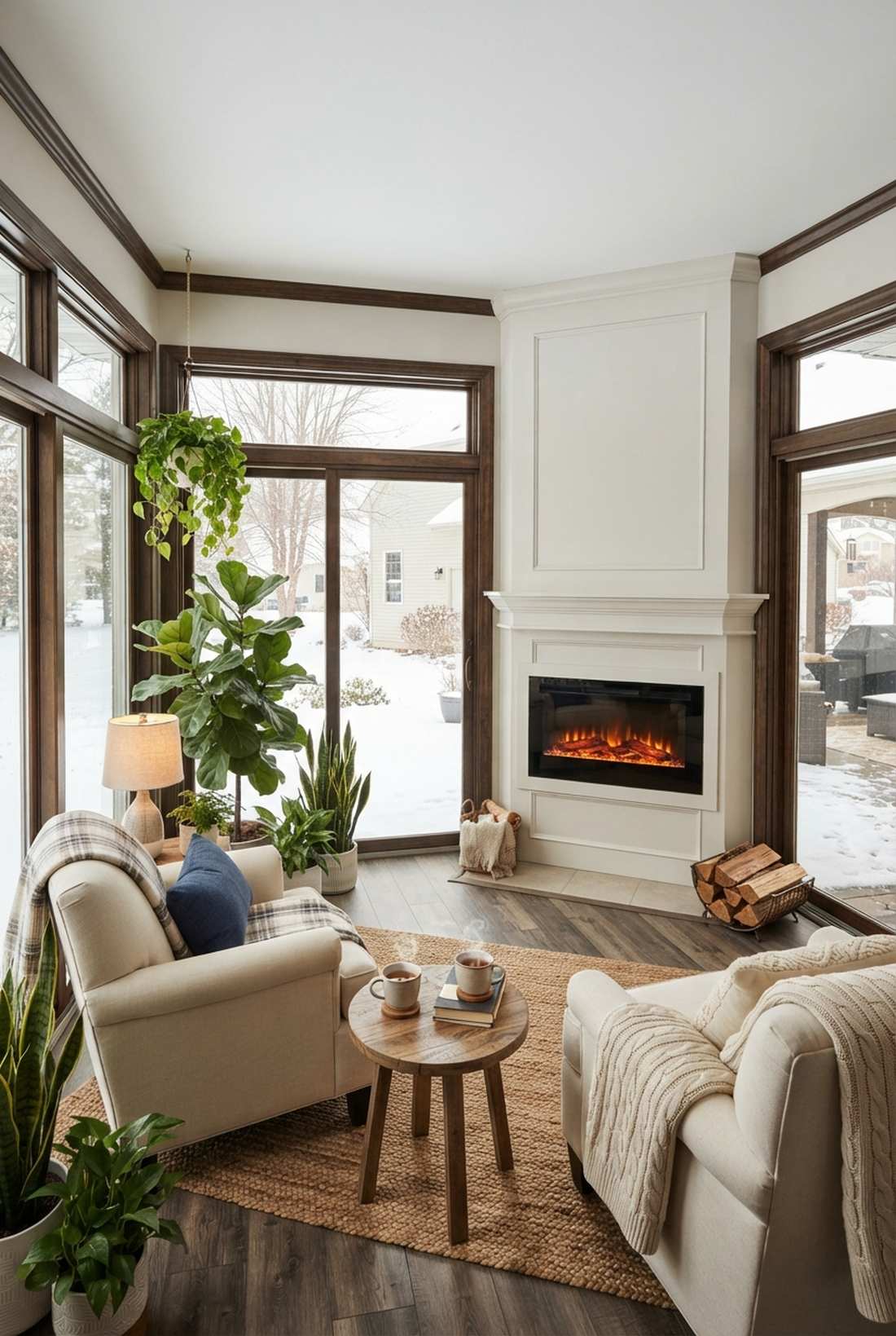 enclosed three season room with corner fireplace