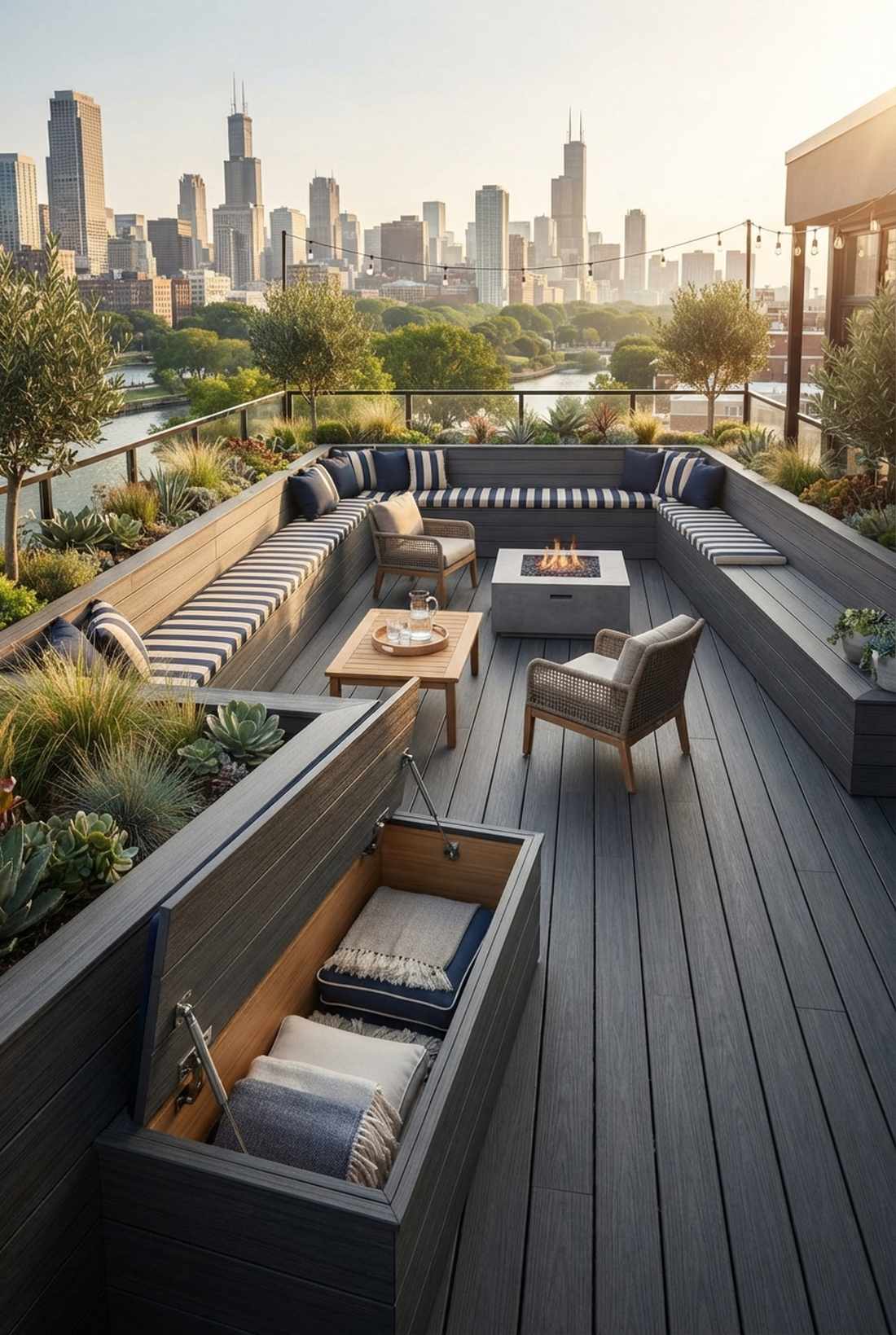 integrated storage benches along perimeter walls