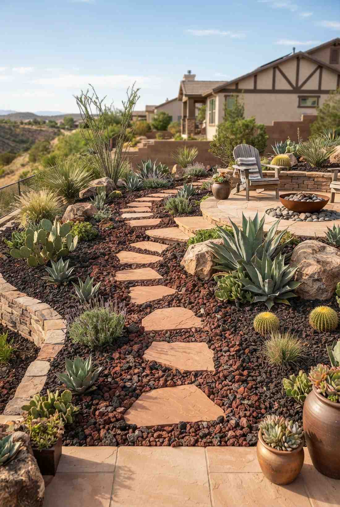 sandstone steppers with lava rock mulch