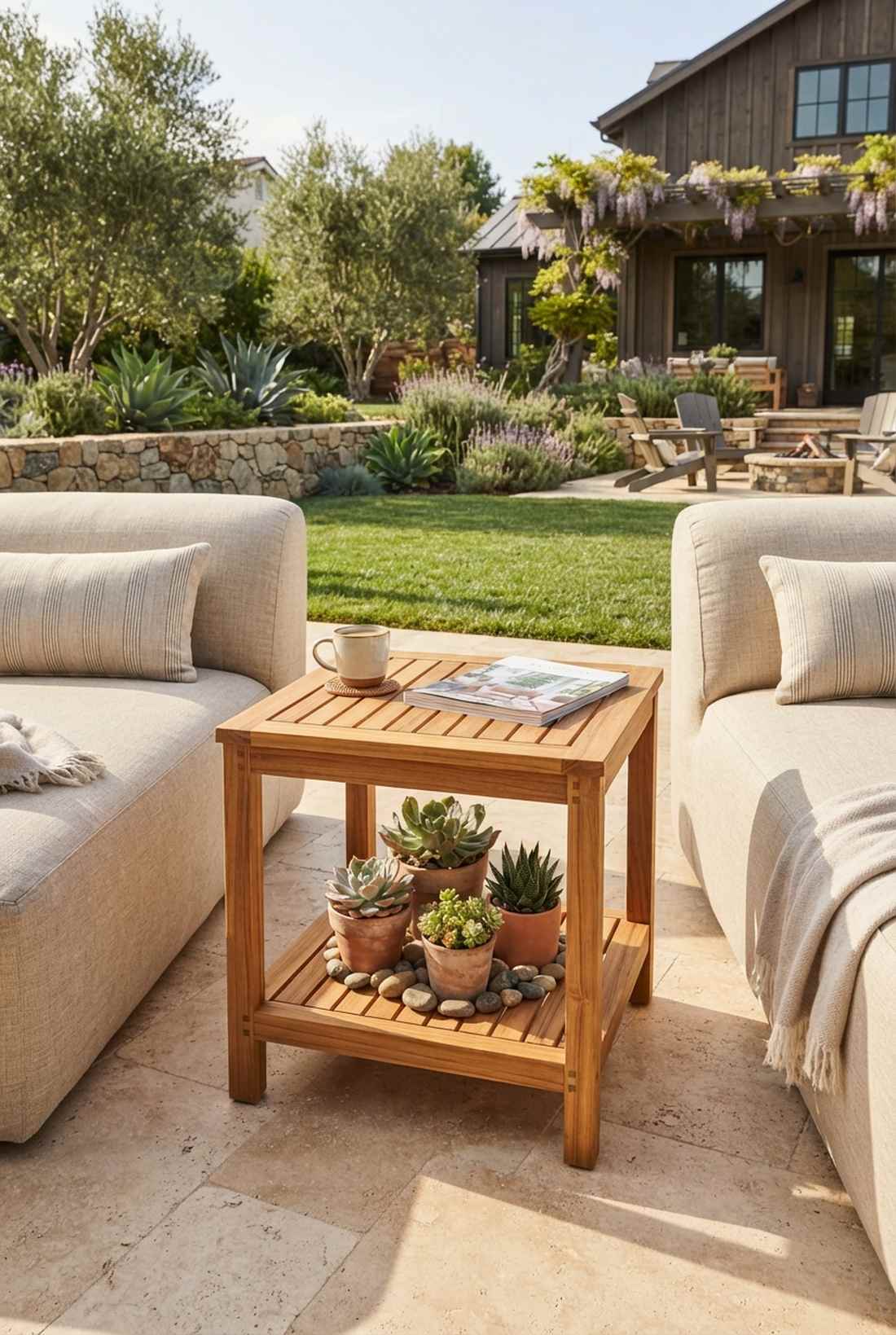 teak side tables with lower shelves