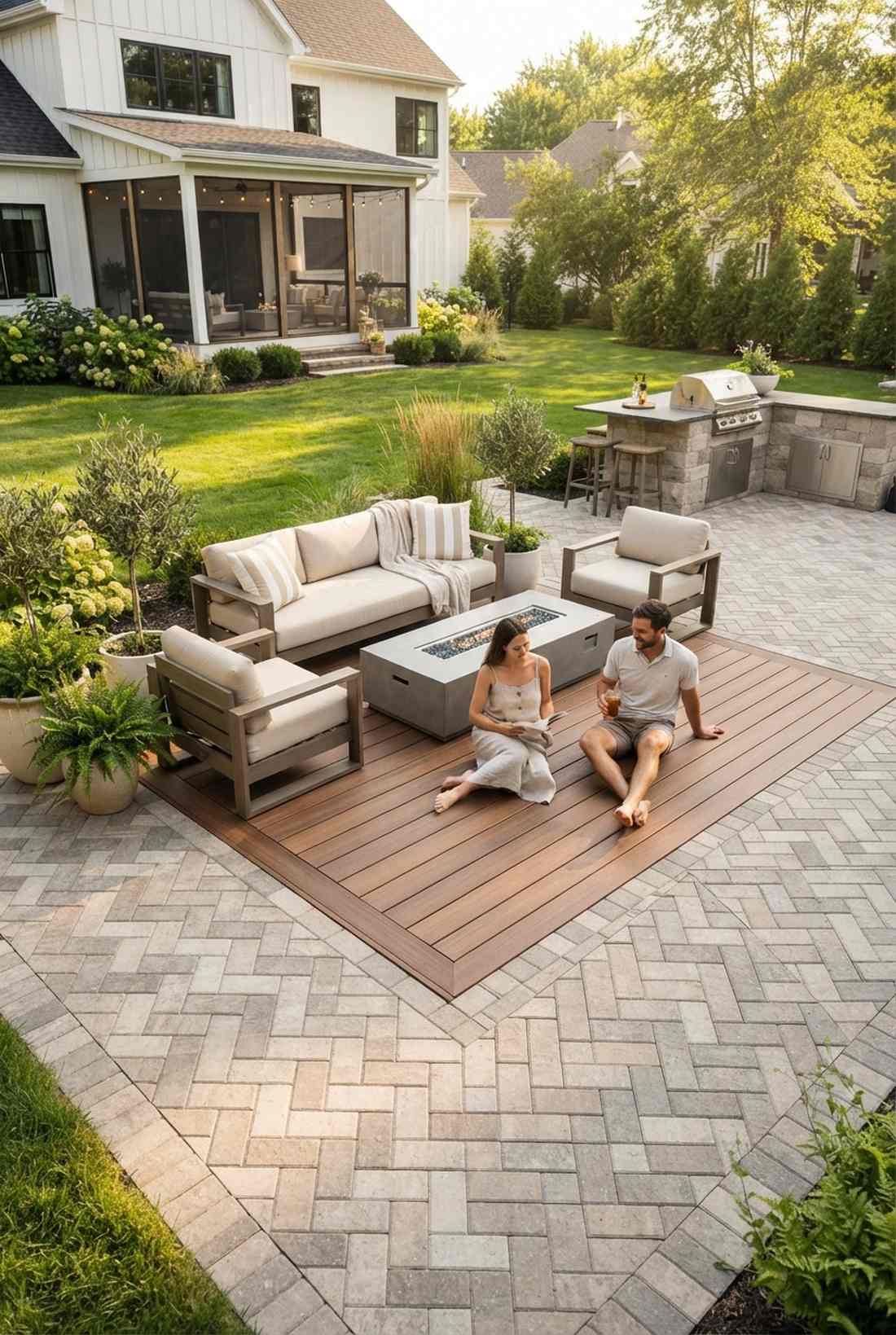 herringbone pavers with deck inset