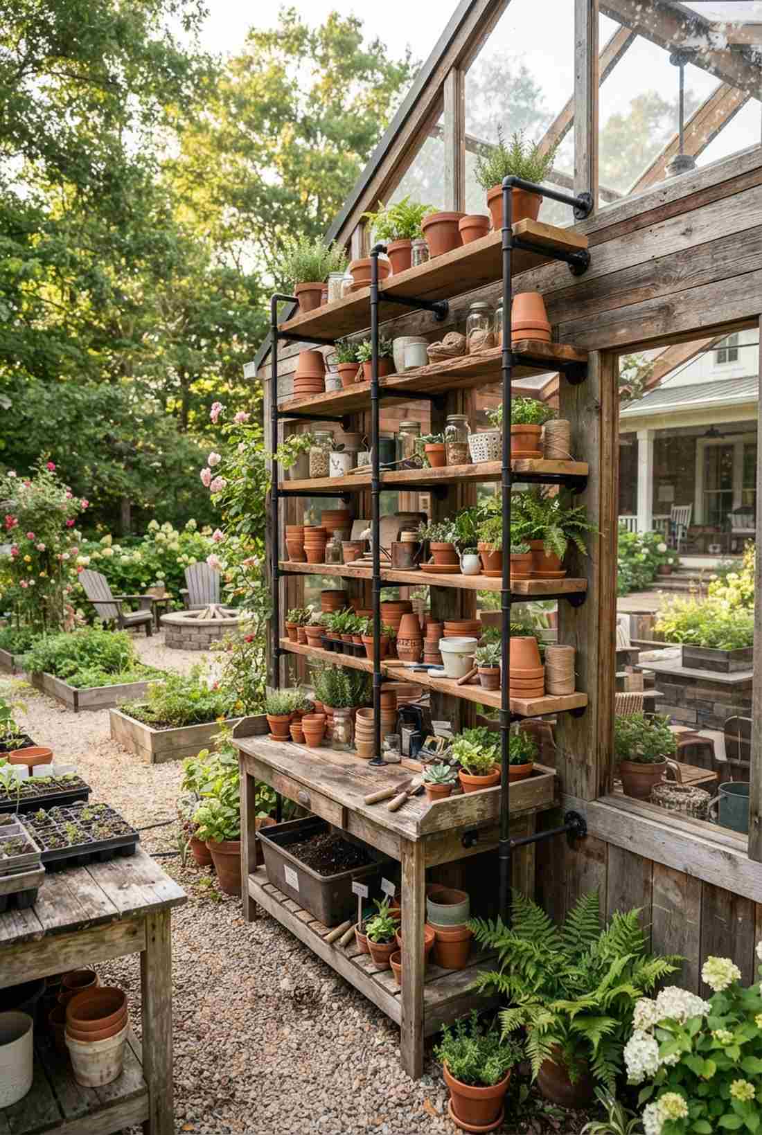 industrial pipe and wood plank shelving